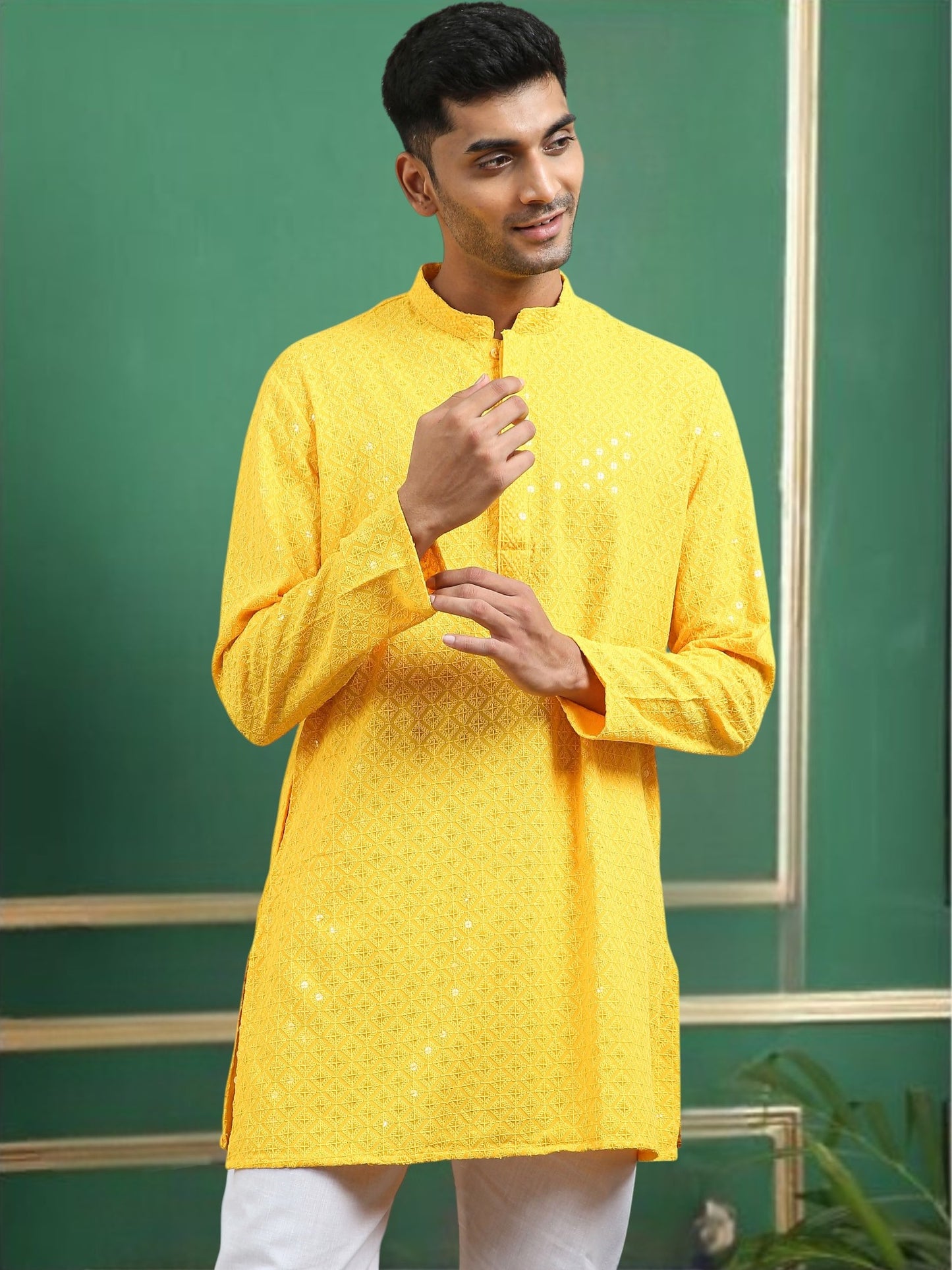 Tattva Yellow Toned chikankari Cotton Short Kurta