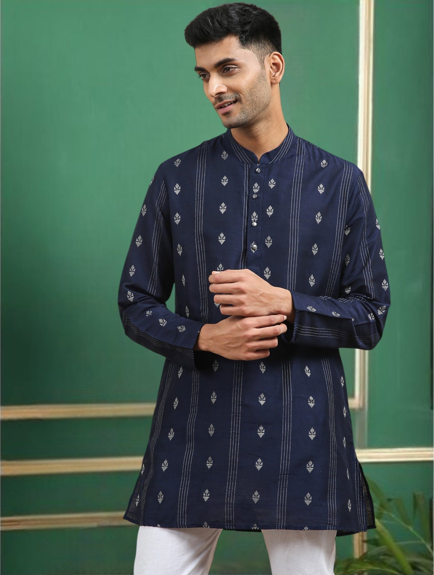 Tattva Navy Blue Toned Woven Design Cotton Short Kurta