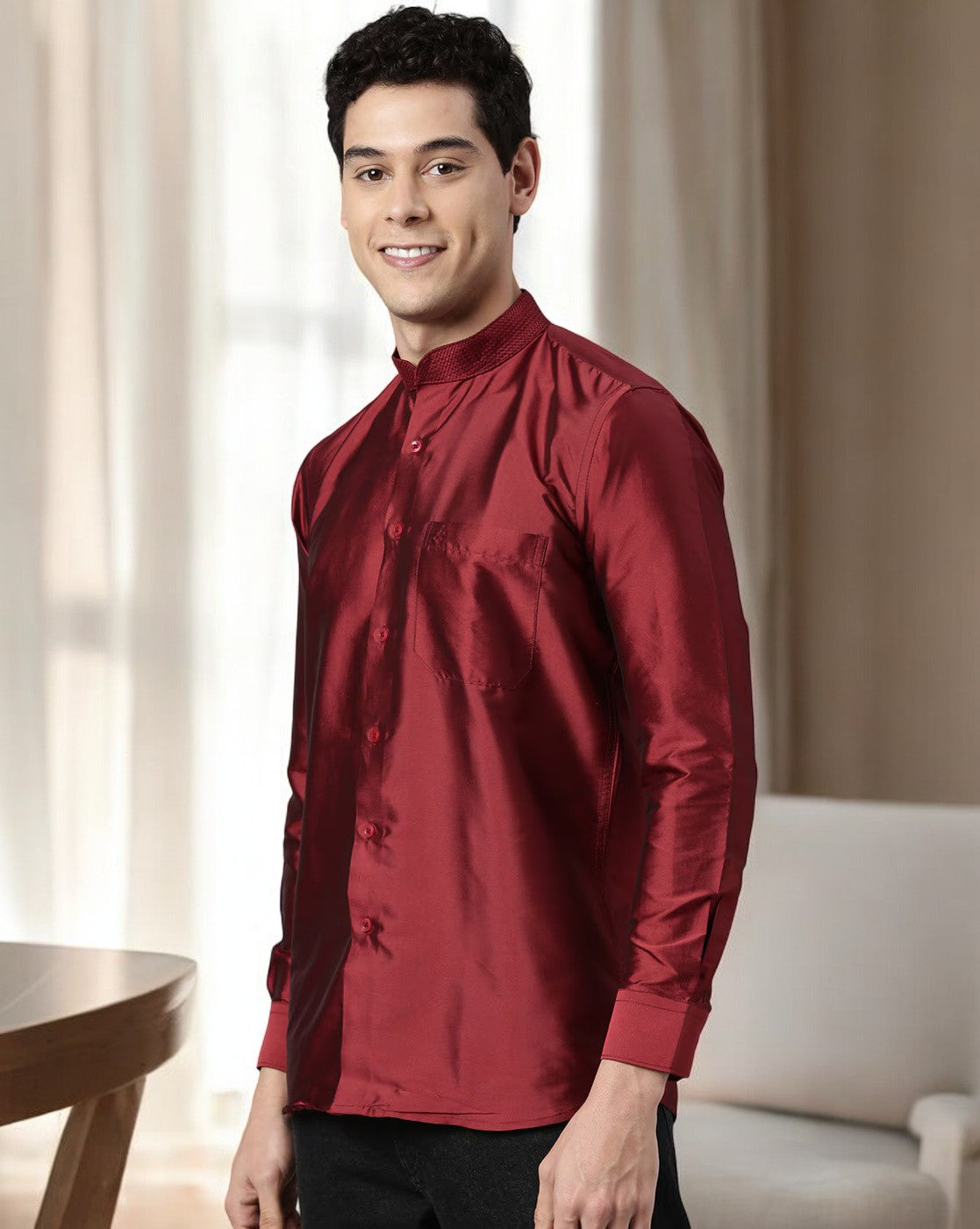 Maroon Color Art Silk Slim Fit Solid Party Shirt