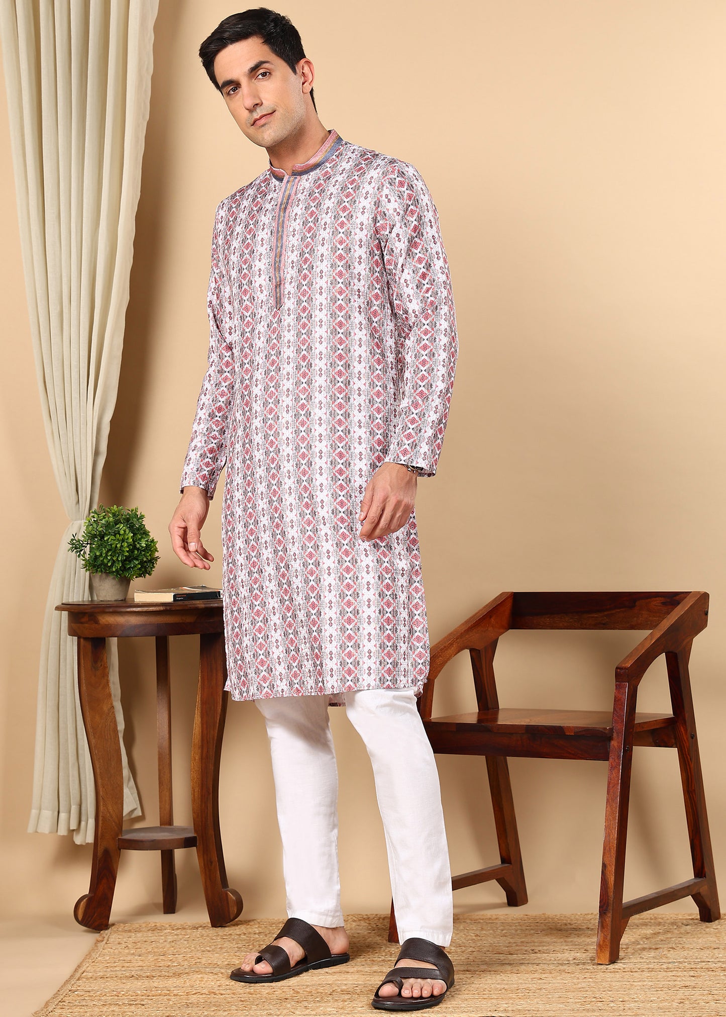 Tattva Men's Embroidered Thread Work Sequined Kurta