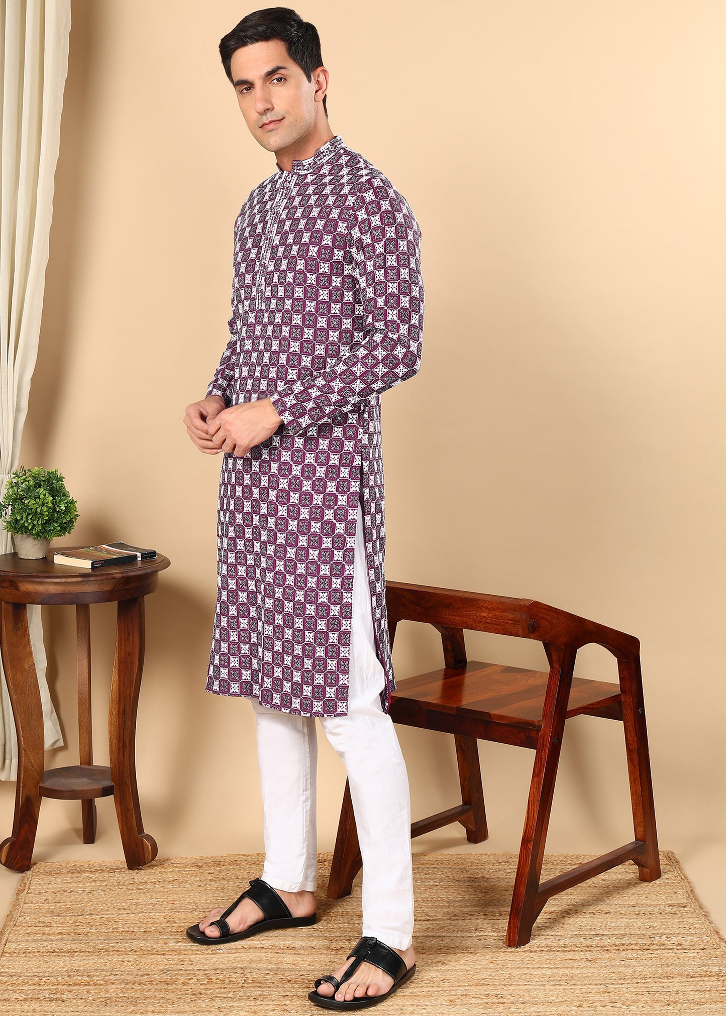 Tattva Men Woven Design Polyester Straight Kurta Set