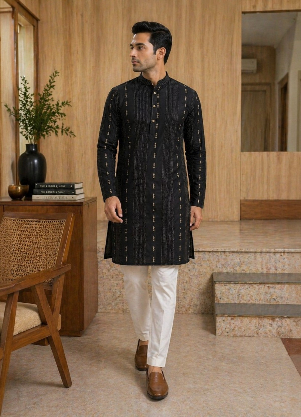 Tattva Men Black Embroidered Cotton Silk Kurta with Pyjamas