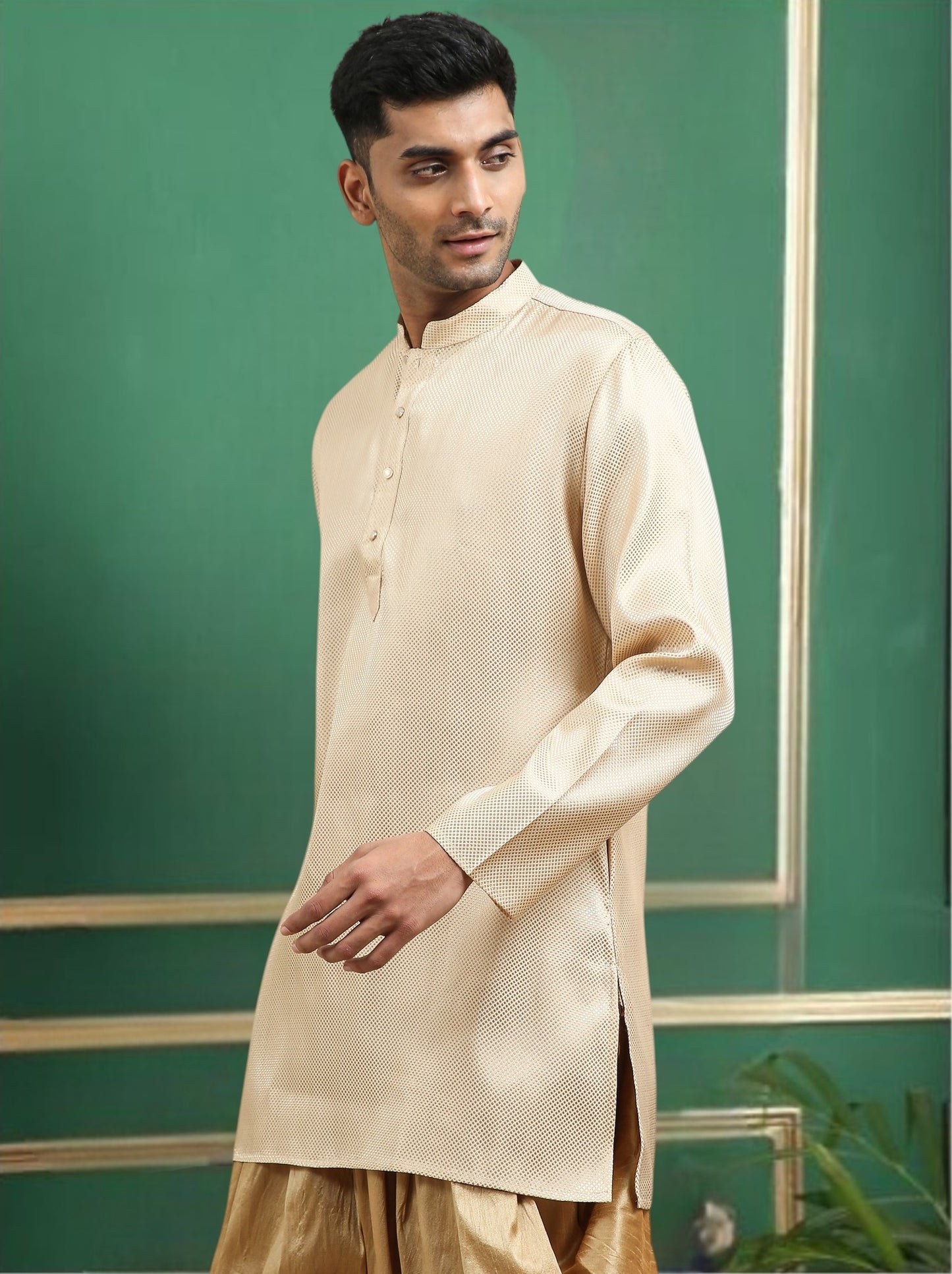 Tattva Beige Toned brocade Polyster Short Kurta