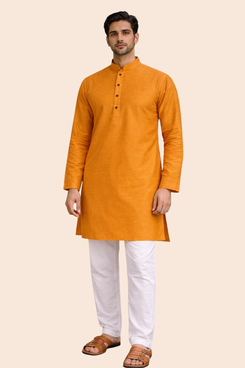 Tattva Men Saffron-Toned Applique Mandarin Collar Kurta