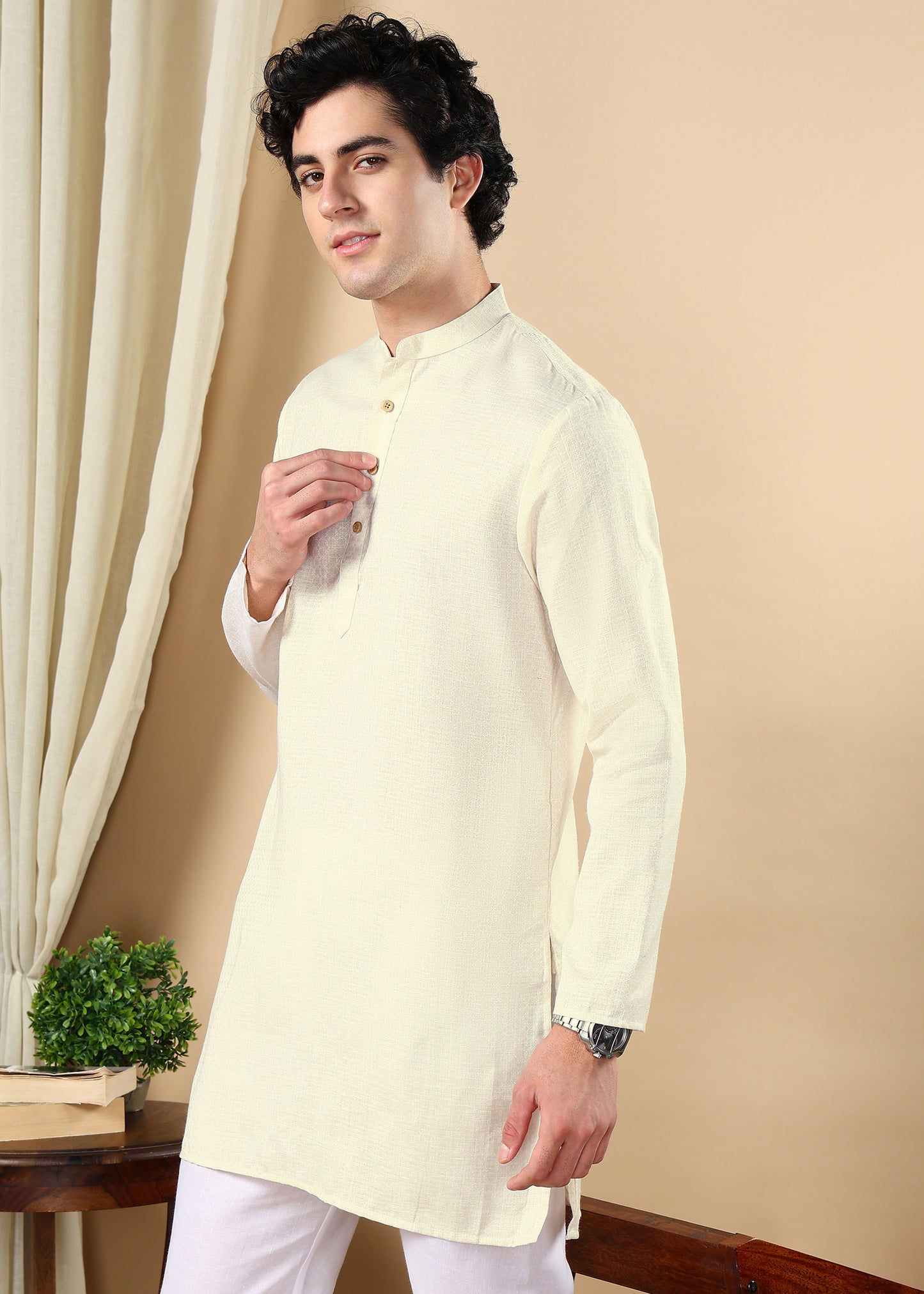 Tattva Cream Toned Woven Design Short Kurta