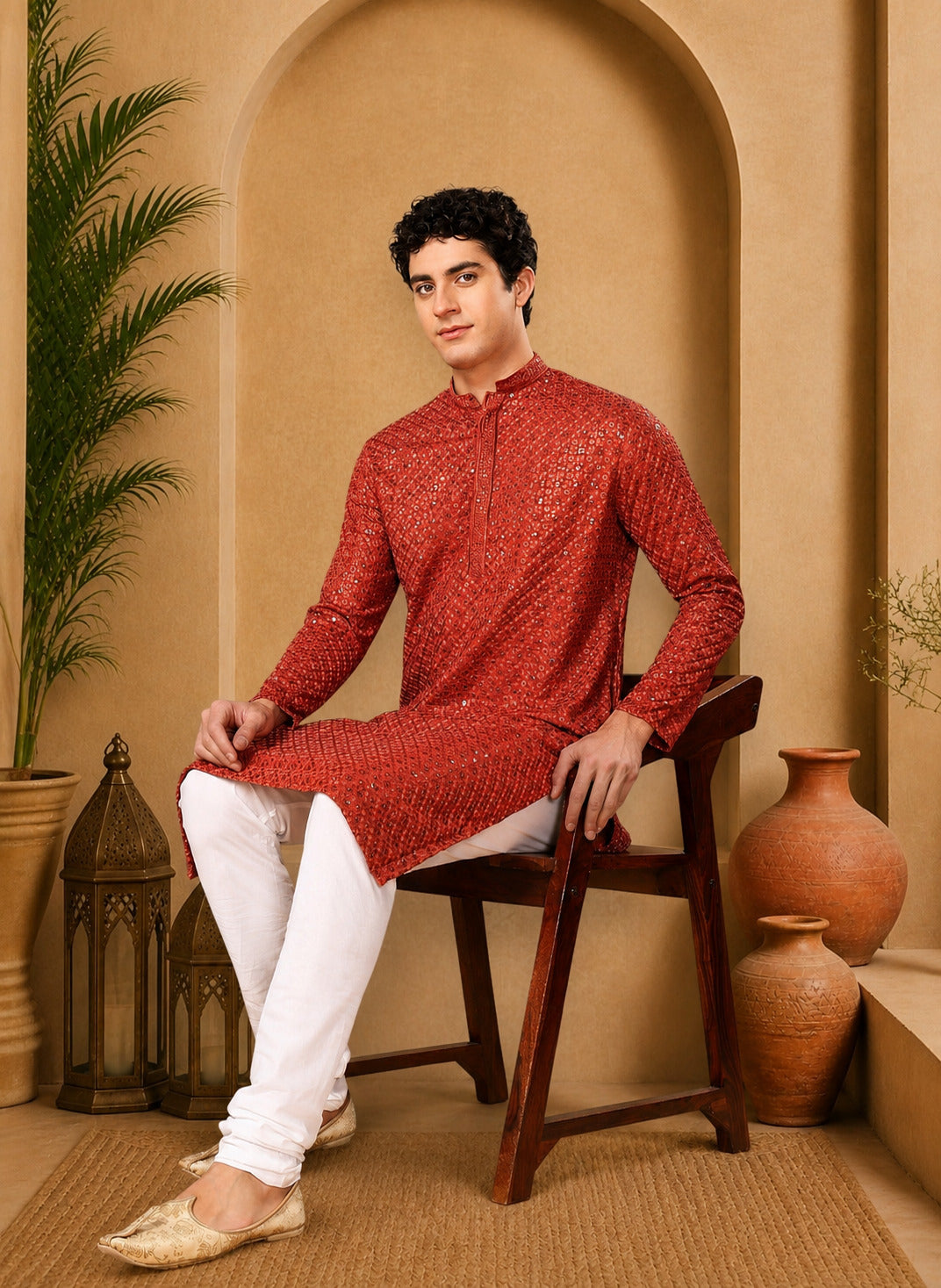 Tattva Candy Red Toned Sequined Thread Work Long Kurta With Pyjama