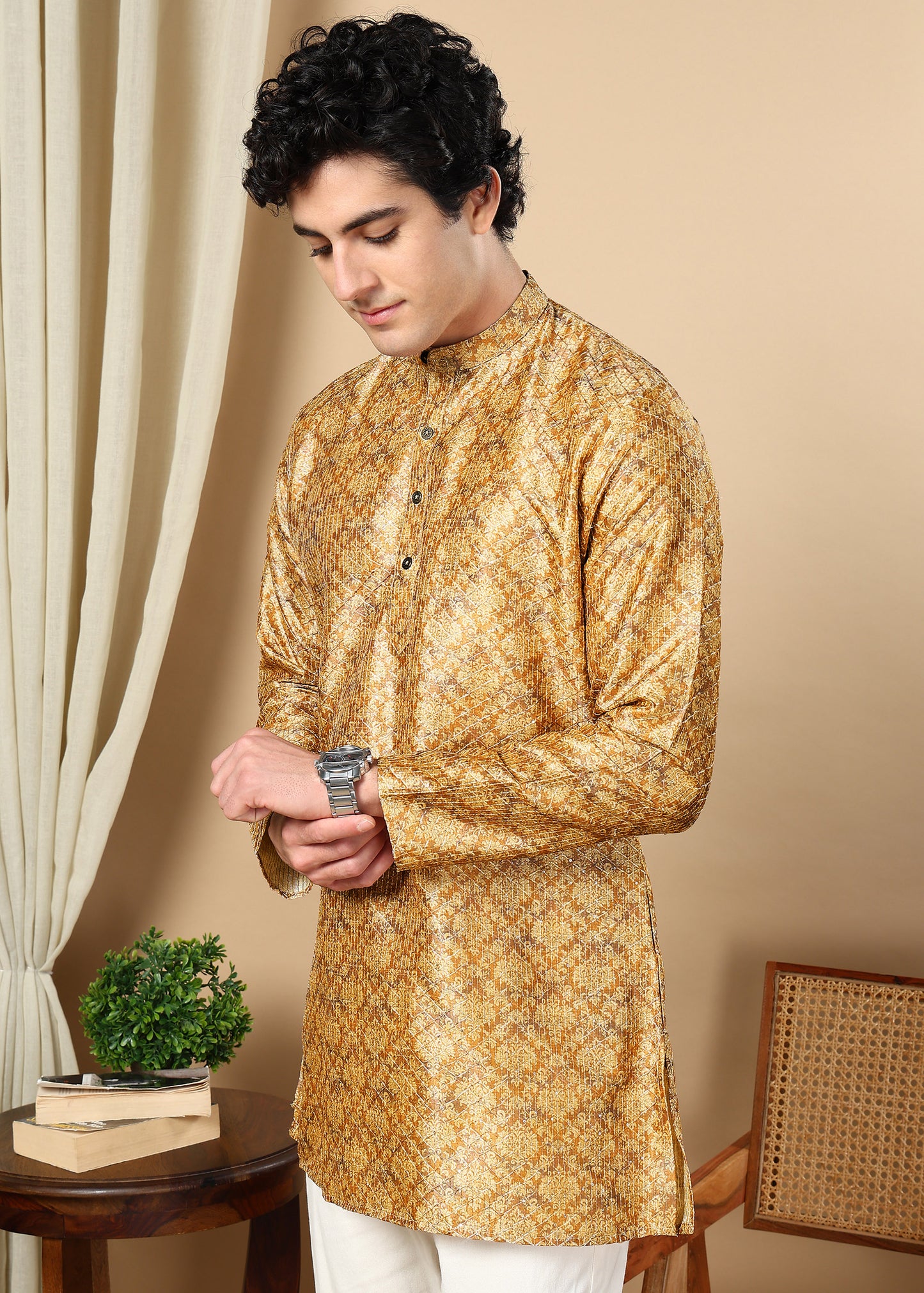 Tattva Brown Printed Short Kurta