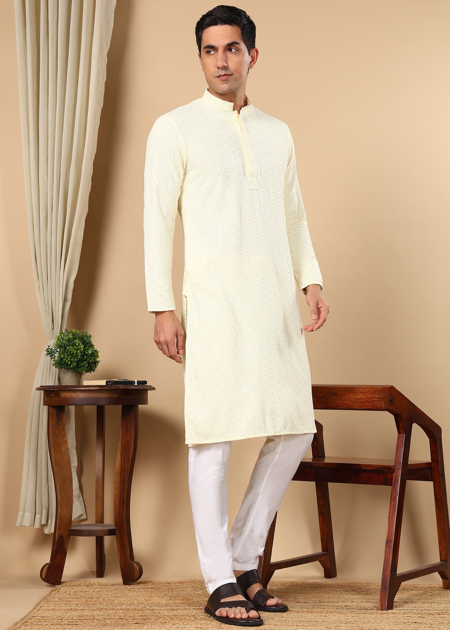 Tattva Men Woven Design Polyester Straight Kurta Set