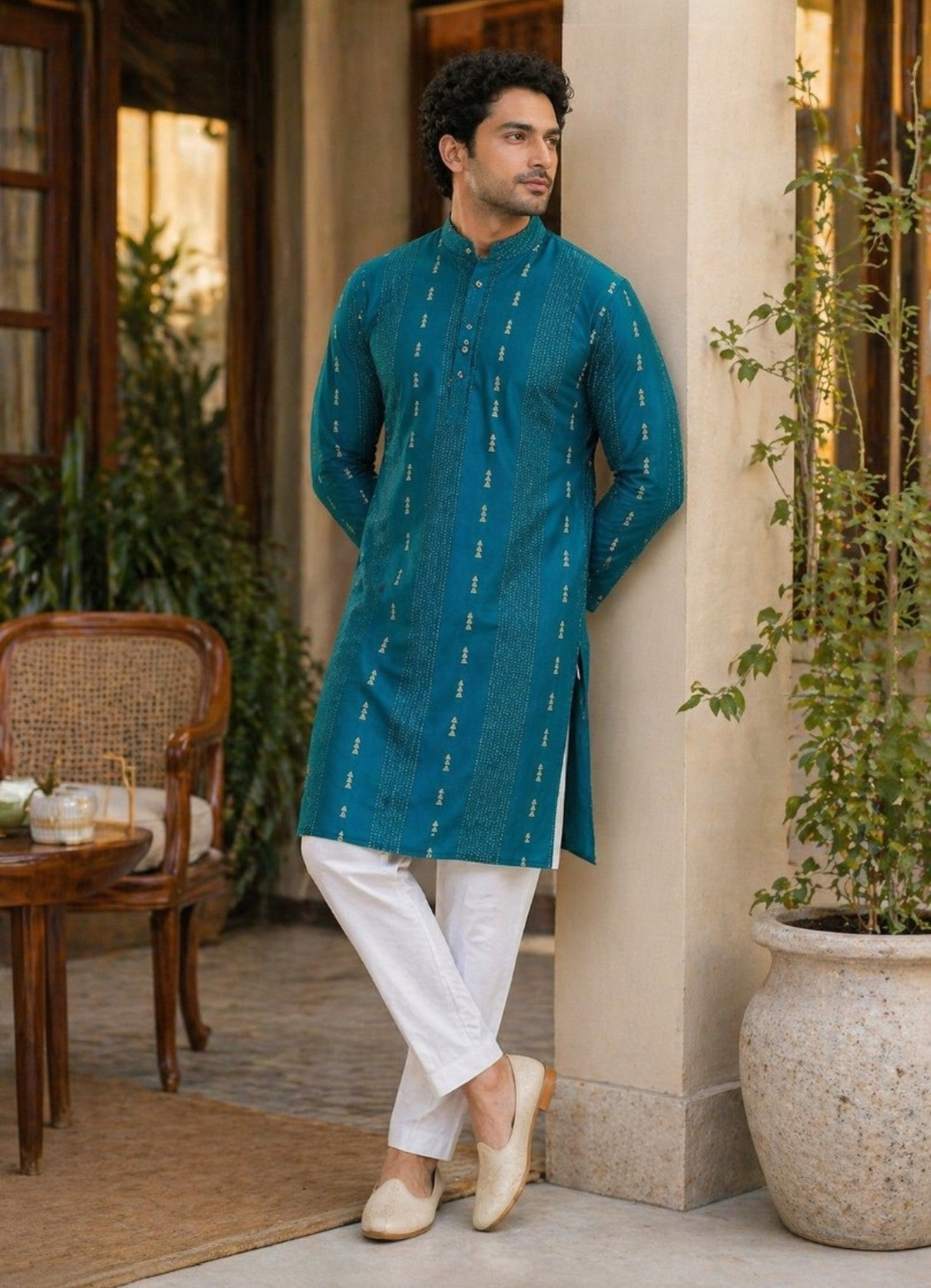 Tattva Men Teal Green Embroidered Cotton Silk Kurta with Pyjamas
