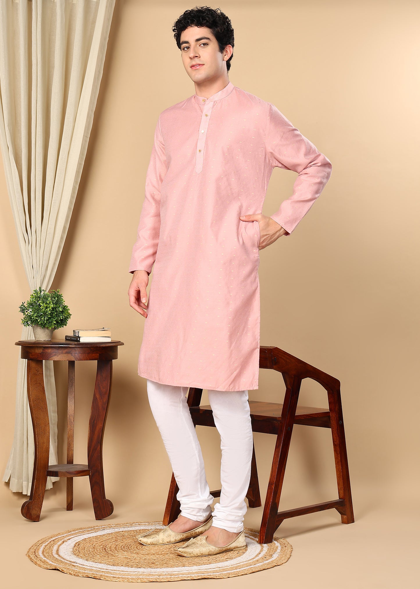 Tattva Woven Design Band Collar Embellished Straight Kurta