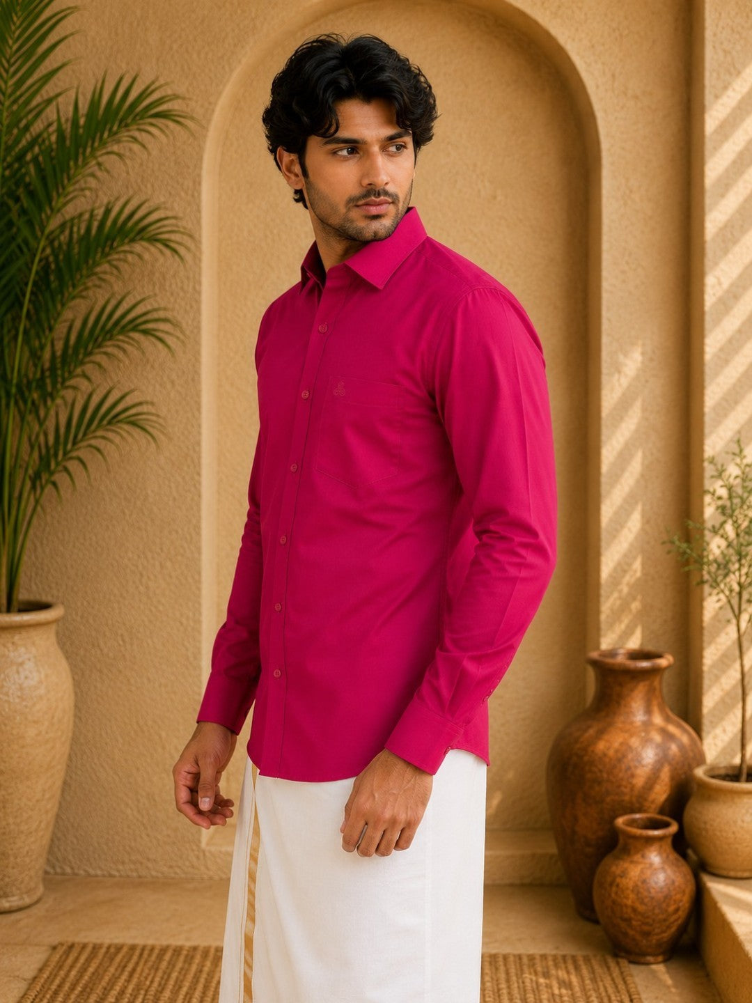 Pink Polyester Slim Fit Solid Party Shirt