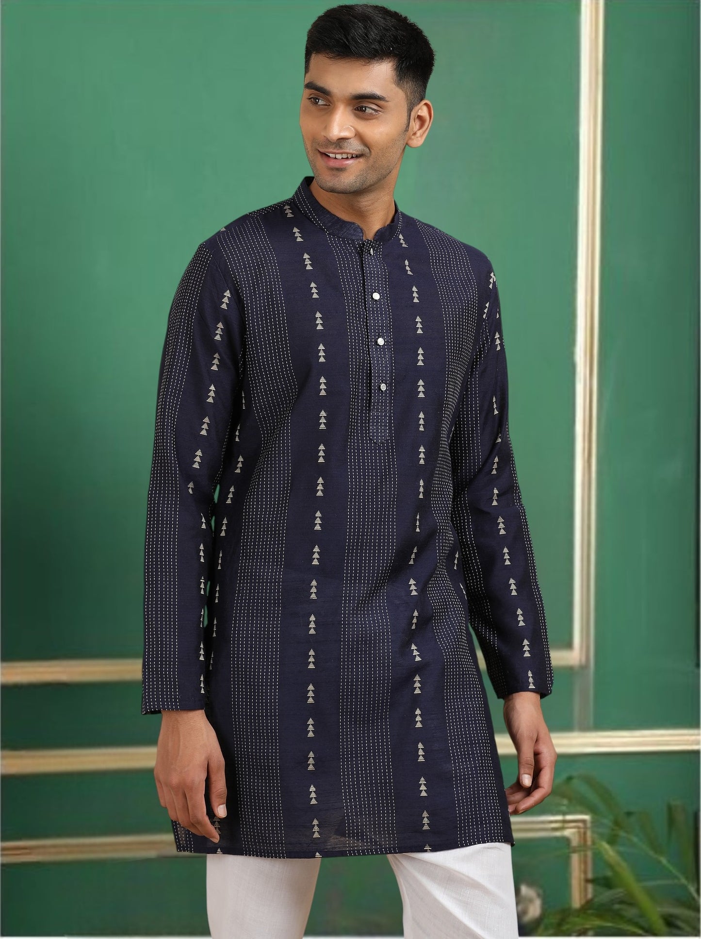 Tattva Navy Blue Toned Threadwork Short Kurta