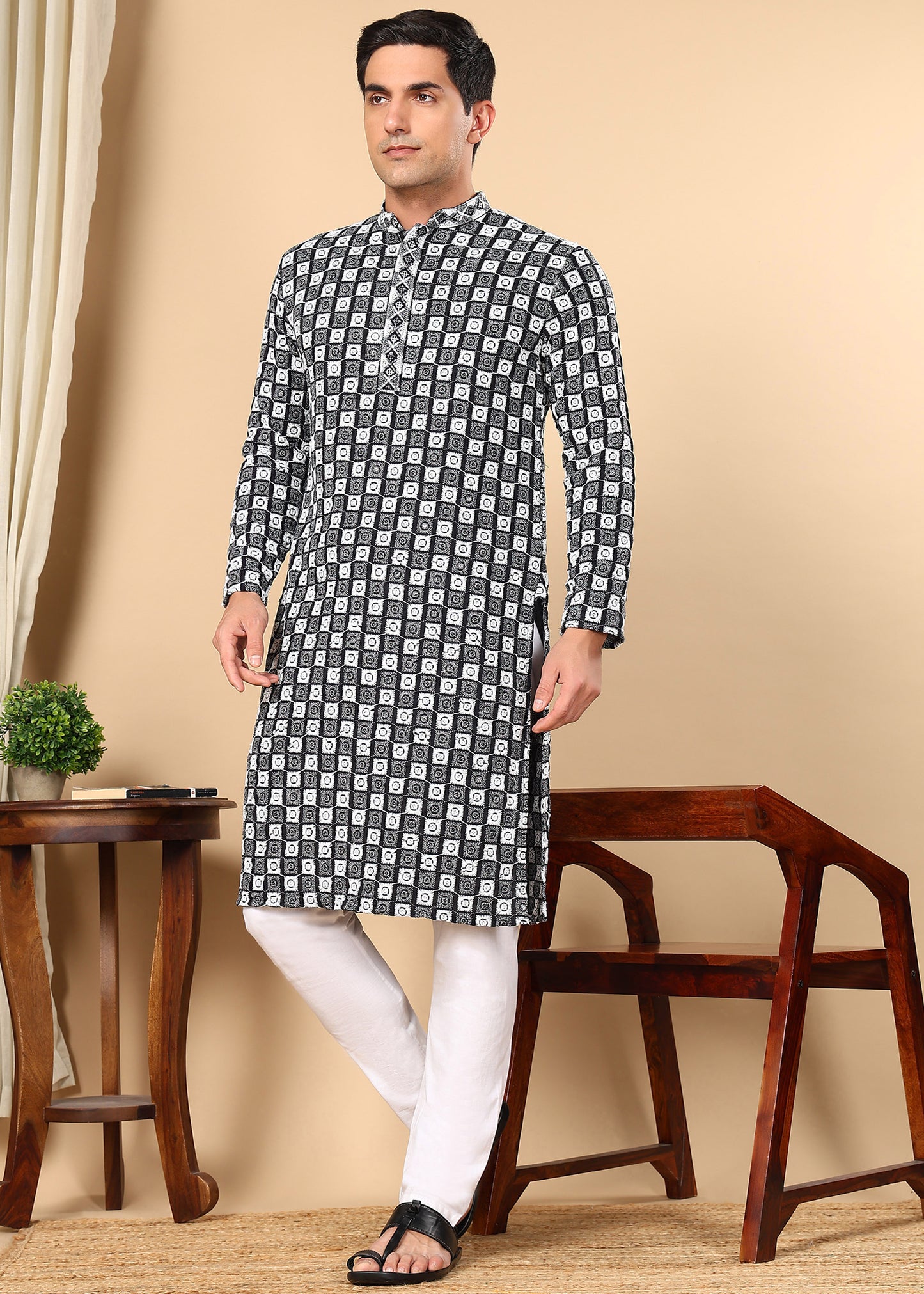 Tattva Men Woven Design Polyester Straight Kurta Set