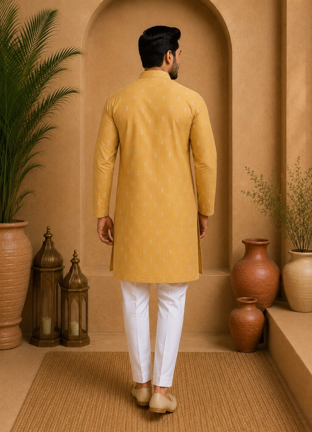 Tattva Men Mustard Yellow Self Design Mandarin Collar Straight Kurta with Pyjamas