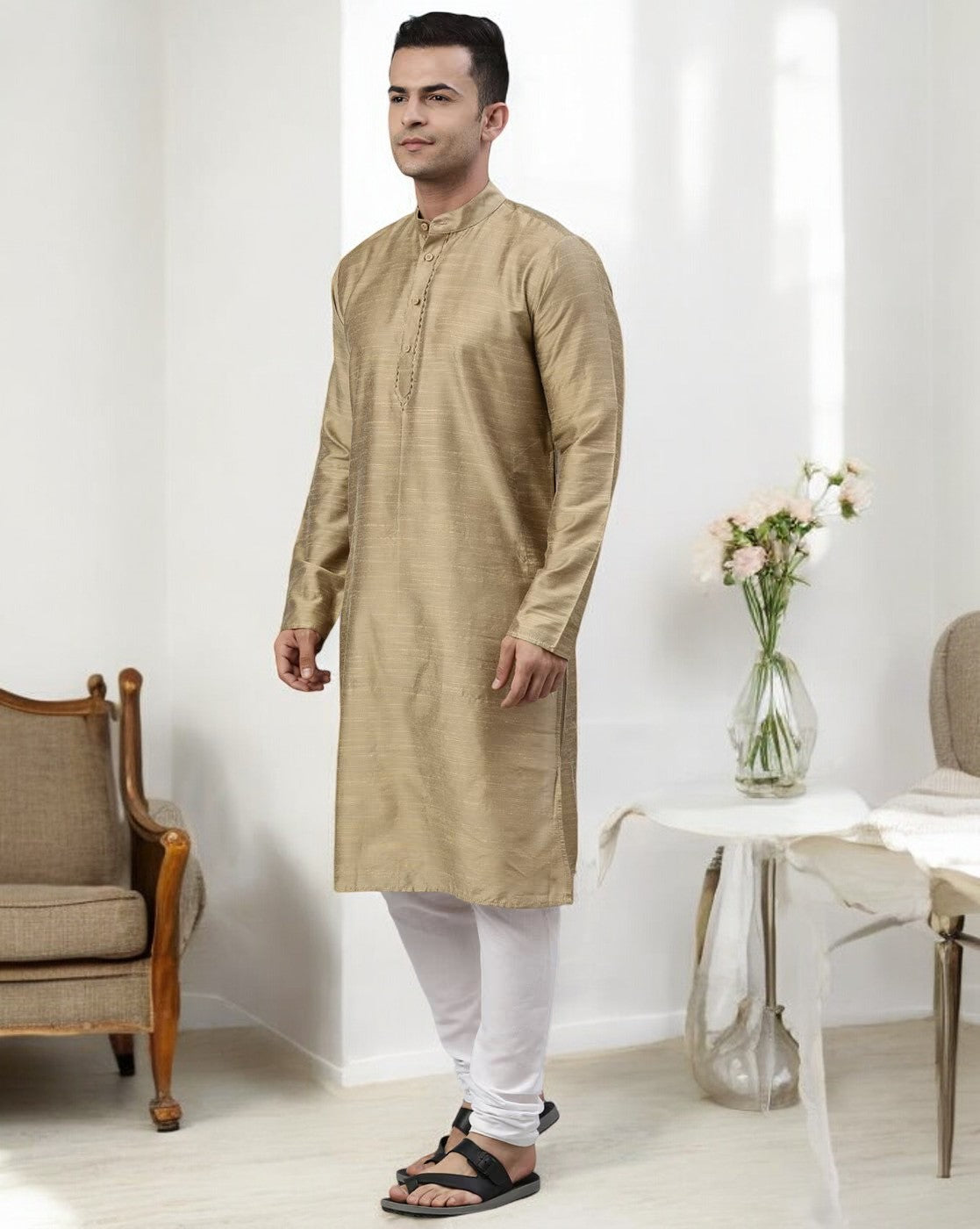 Tattva Skin Color Cotton Long Kurta With Pyjamas