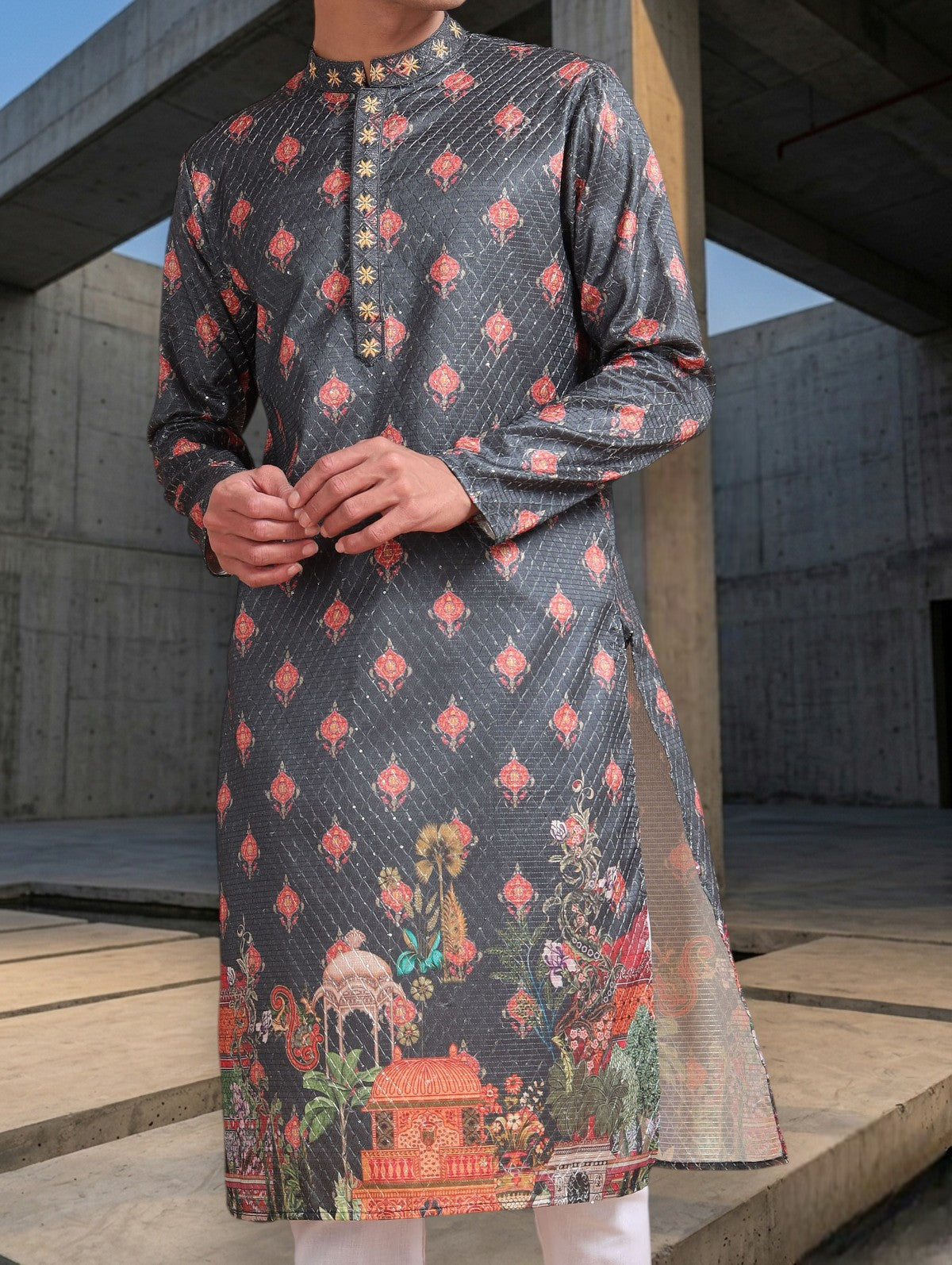 Tattva Woven Diamond Motif Brown Festive Kurta Set