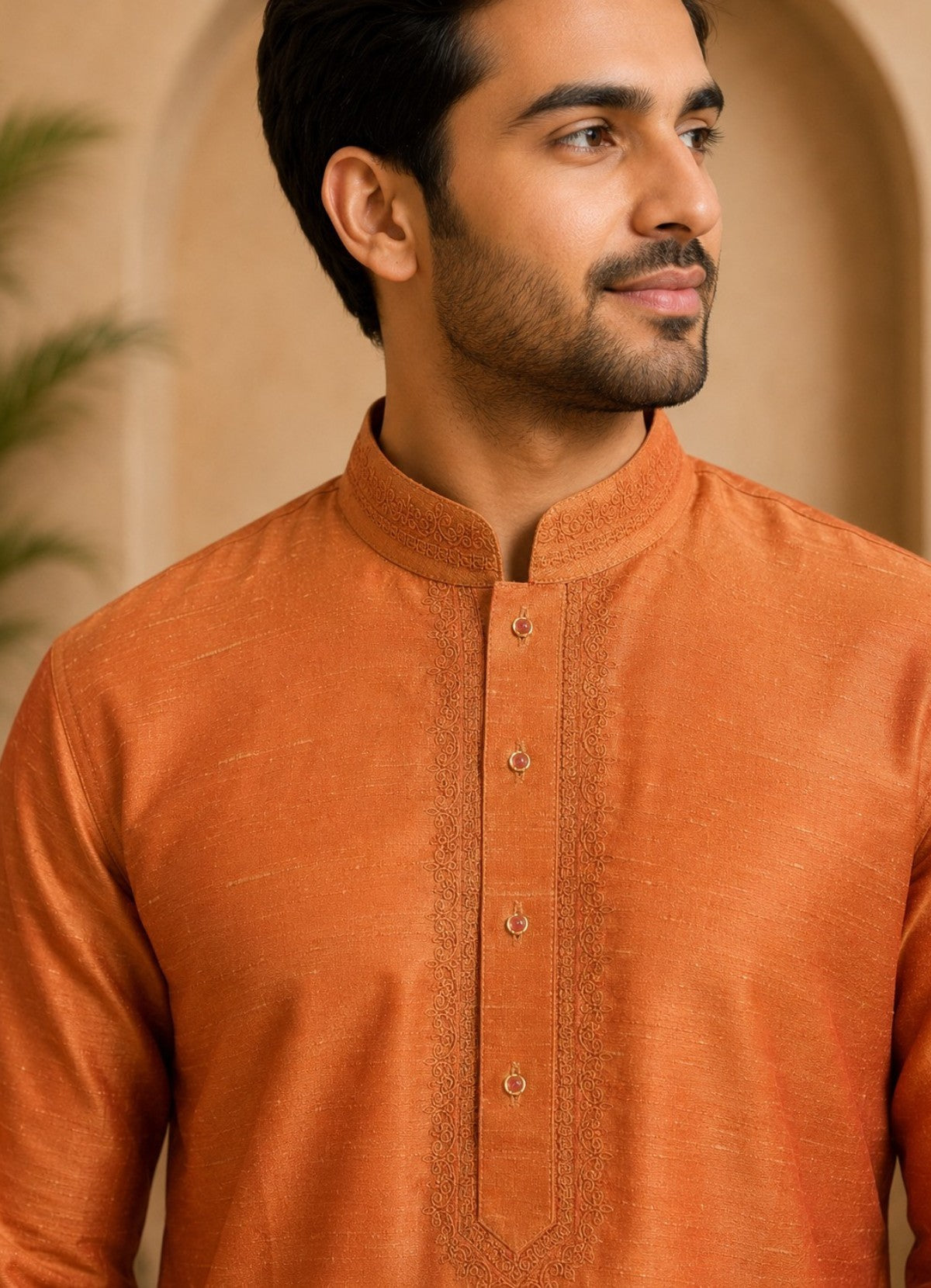 Tattva orange Mandarin Collar Thread Work Pure Silk Straight Short Kurta
