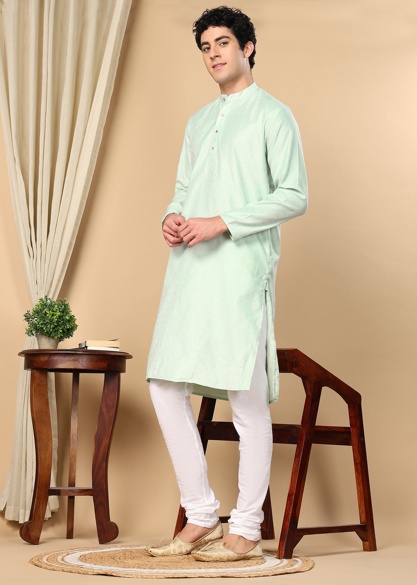 Tattva Woven Design Band Collar Embellished Straight Kurta