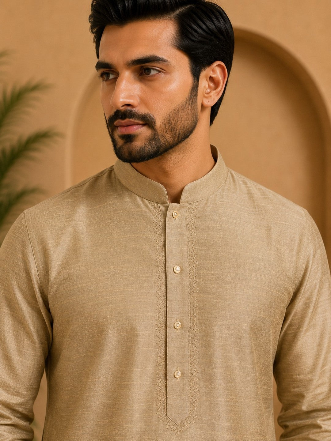 Tattva Men Khaki Colored Embroidered Short Kurta