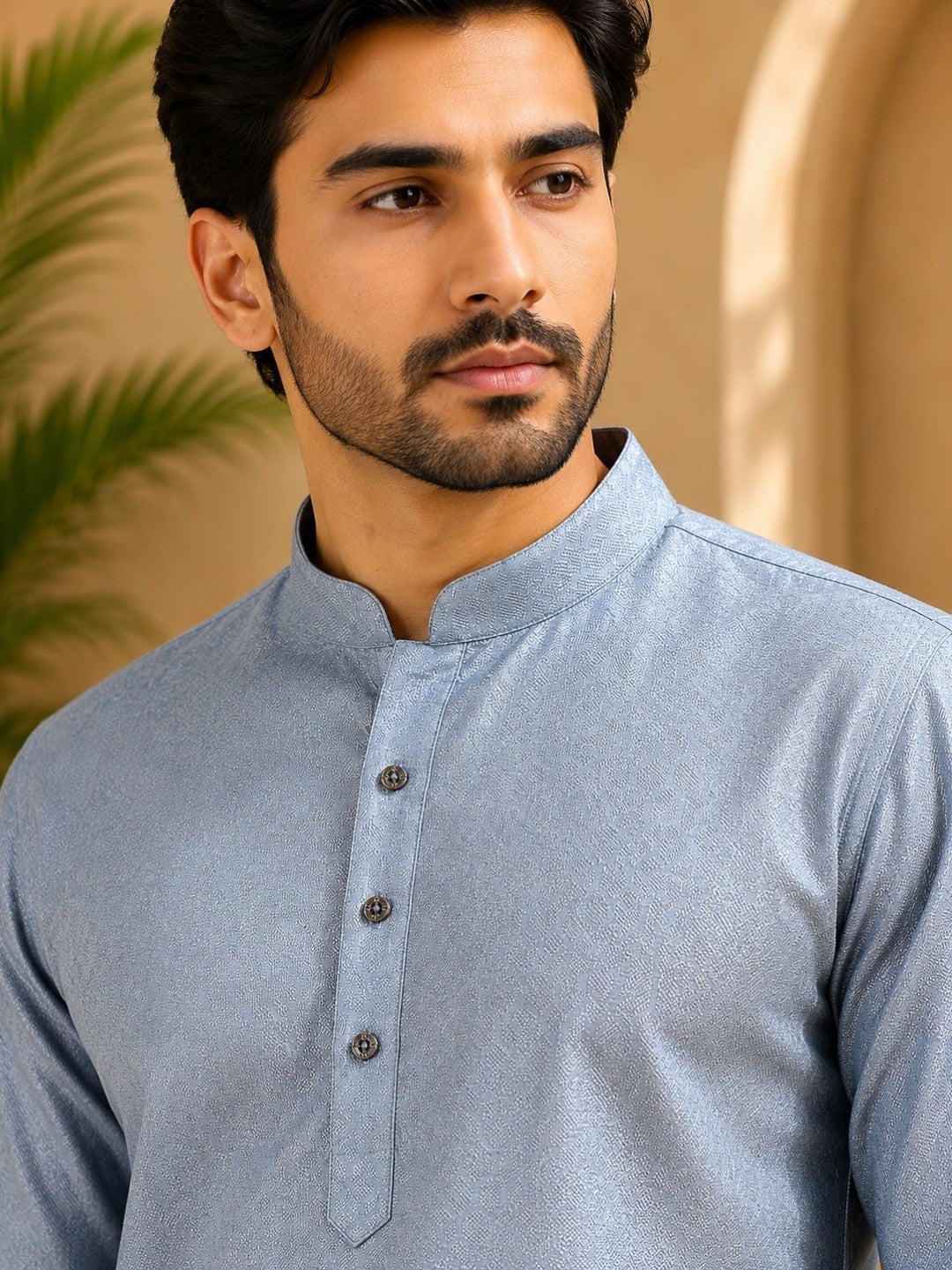 Tattva Men Silver-Toned Applique Mandarin Collar Kurta