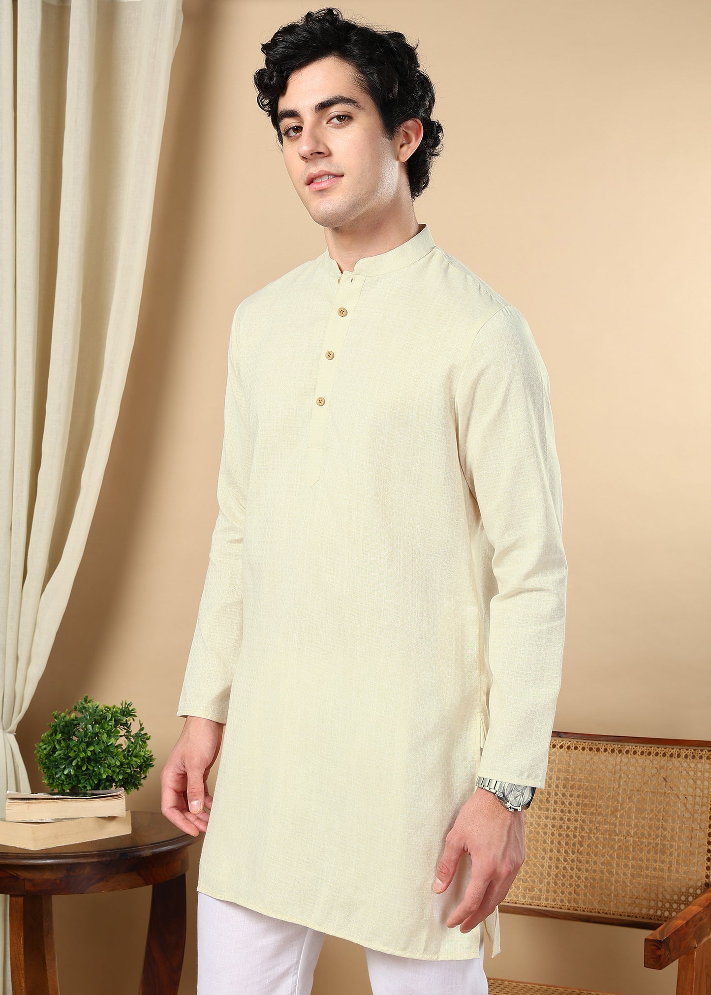 Tattva Beige Toned Woven Design Short Kurta