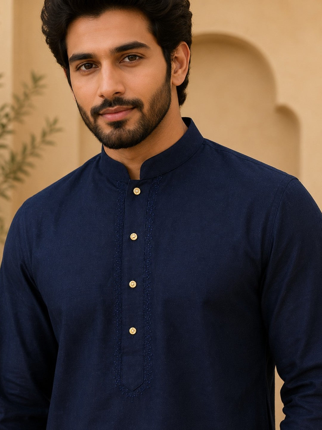 Tattva Navy Blue Toned Embroidered Cotton Short Kurta