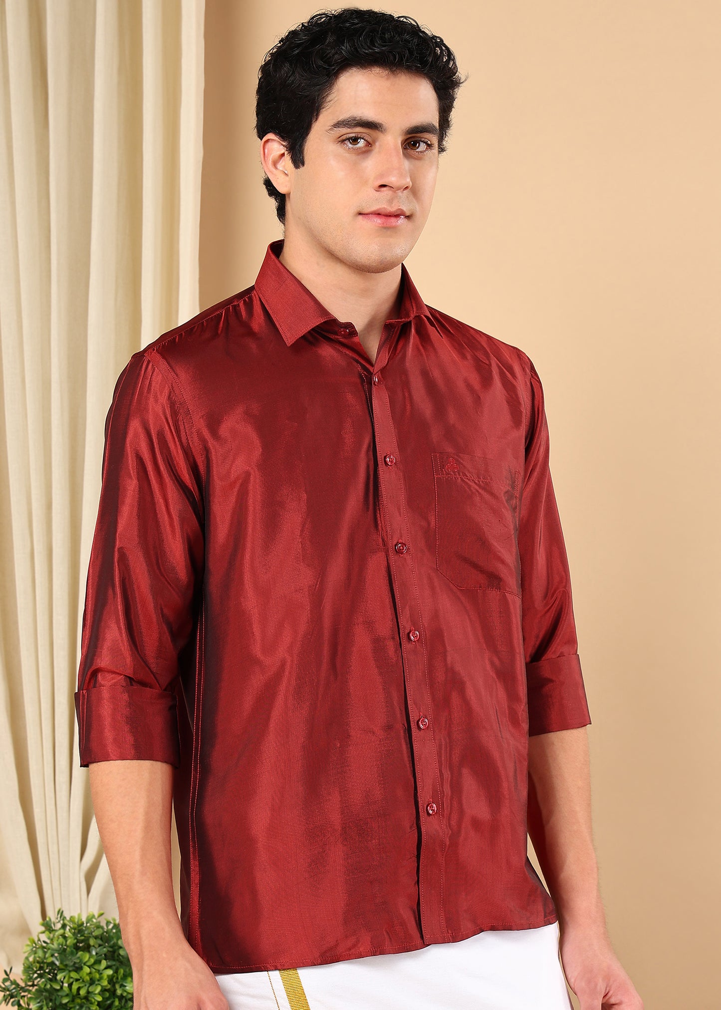 Tattva Men Maroon Pure Silk Solid Opaque Shirt