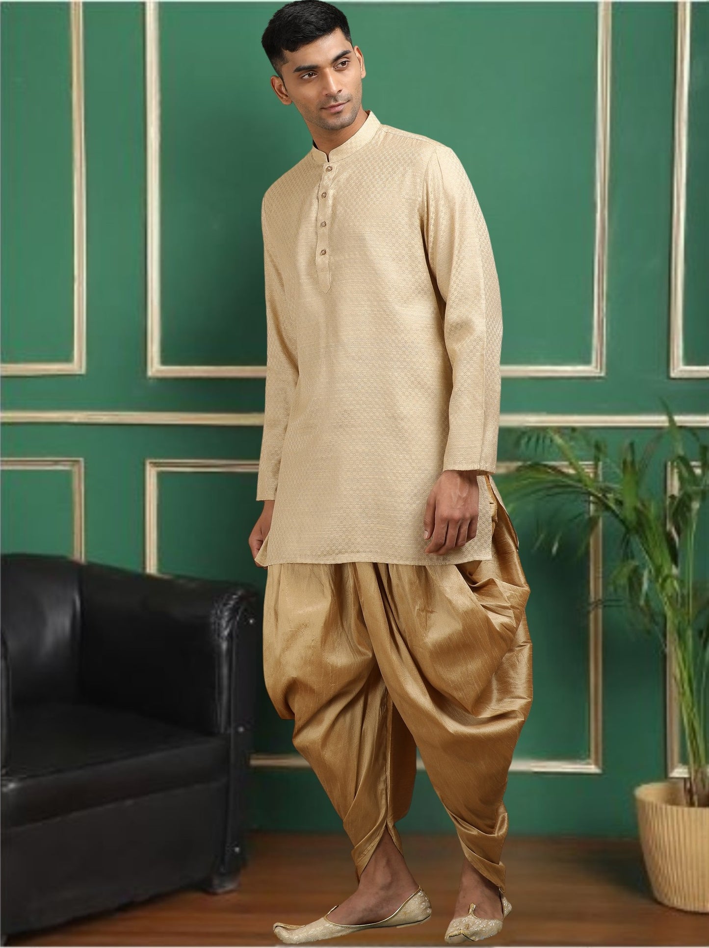 Tattva Beige Toned Jacquard Short Kurta