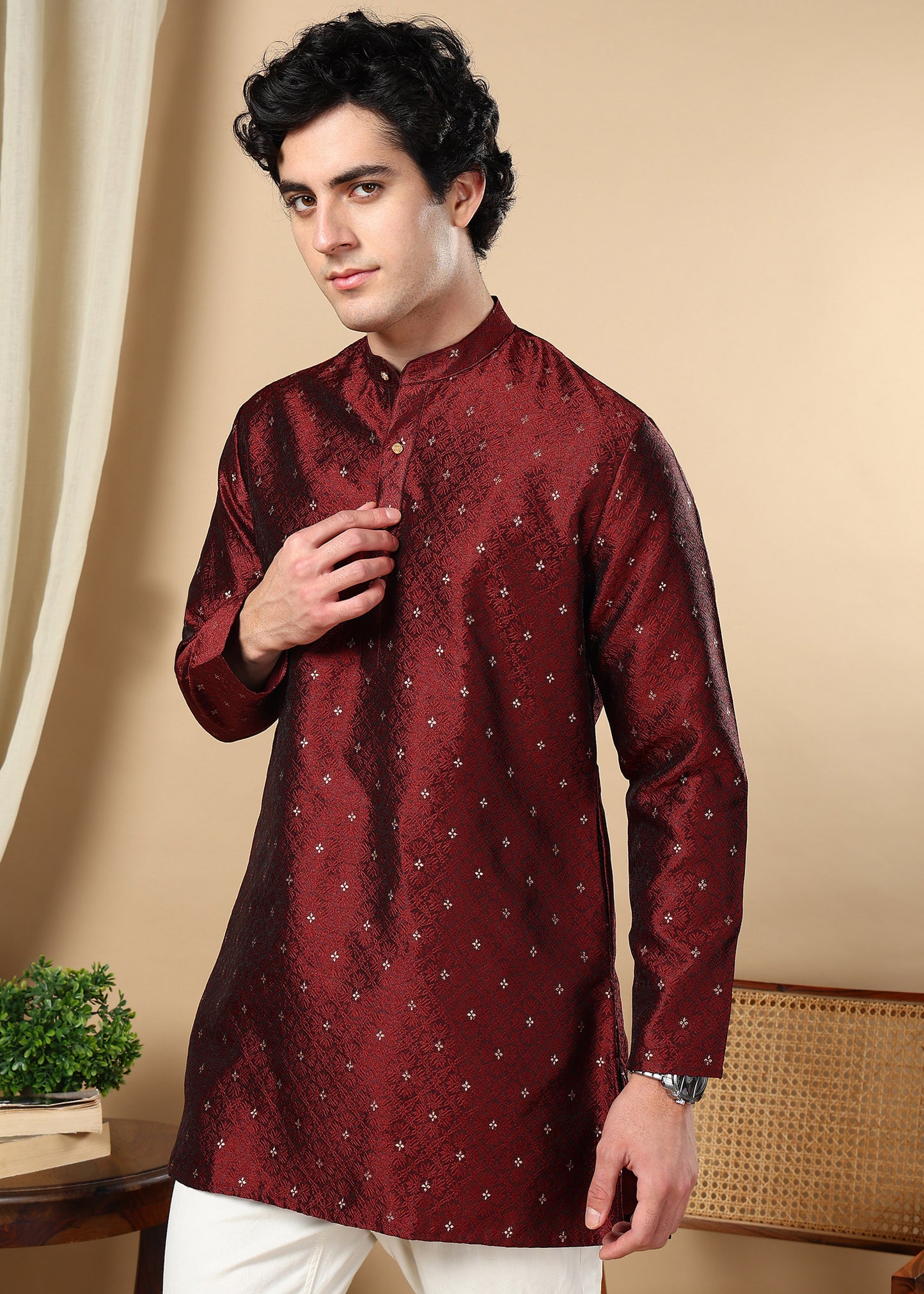 Tattva Maroon Toned Woven Design Short Kurta