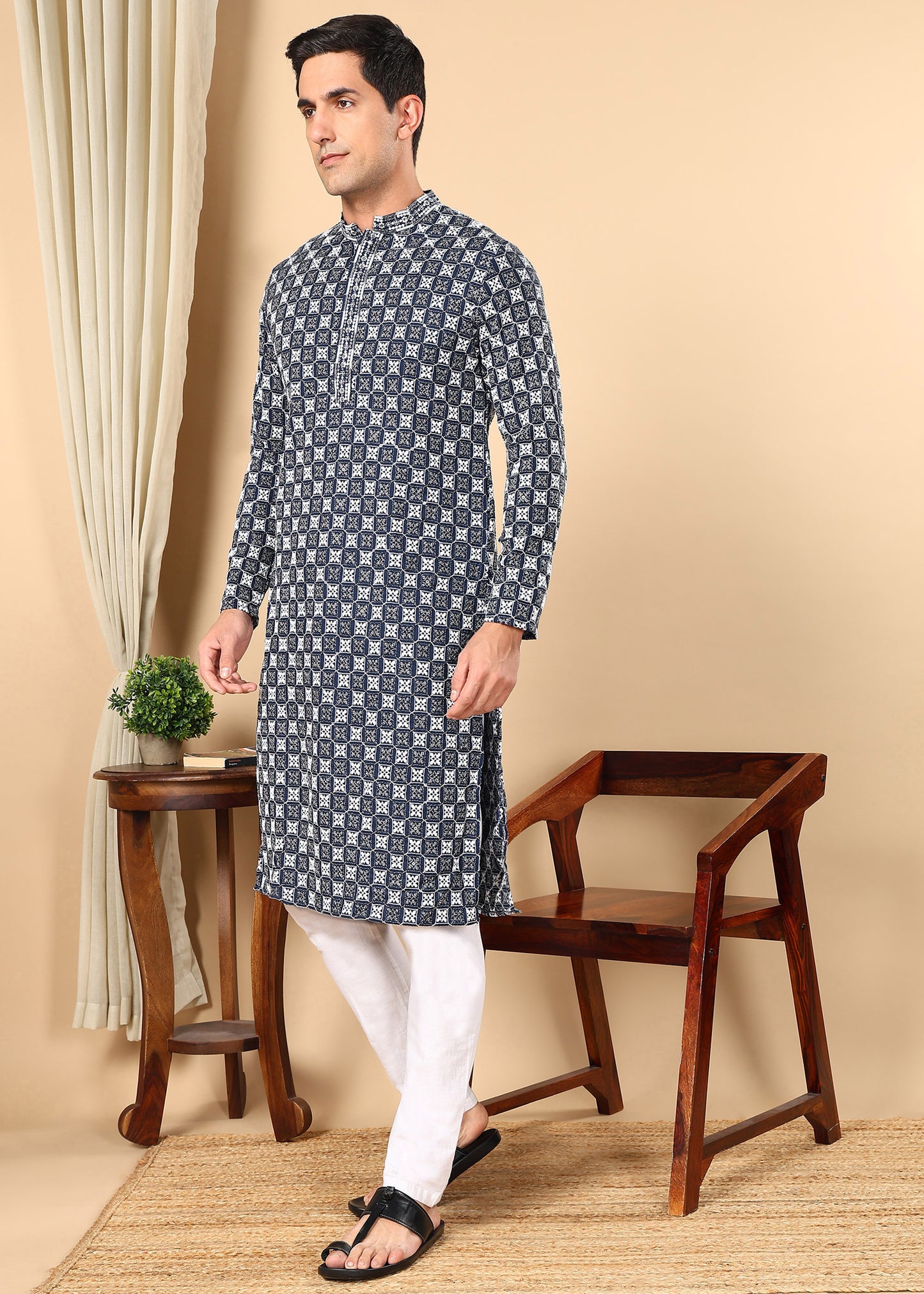 Tattva Men Woven Design Polyester Straight Kurta Set