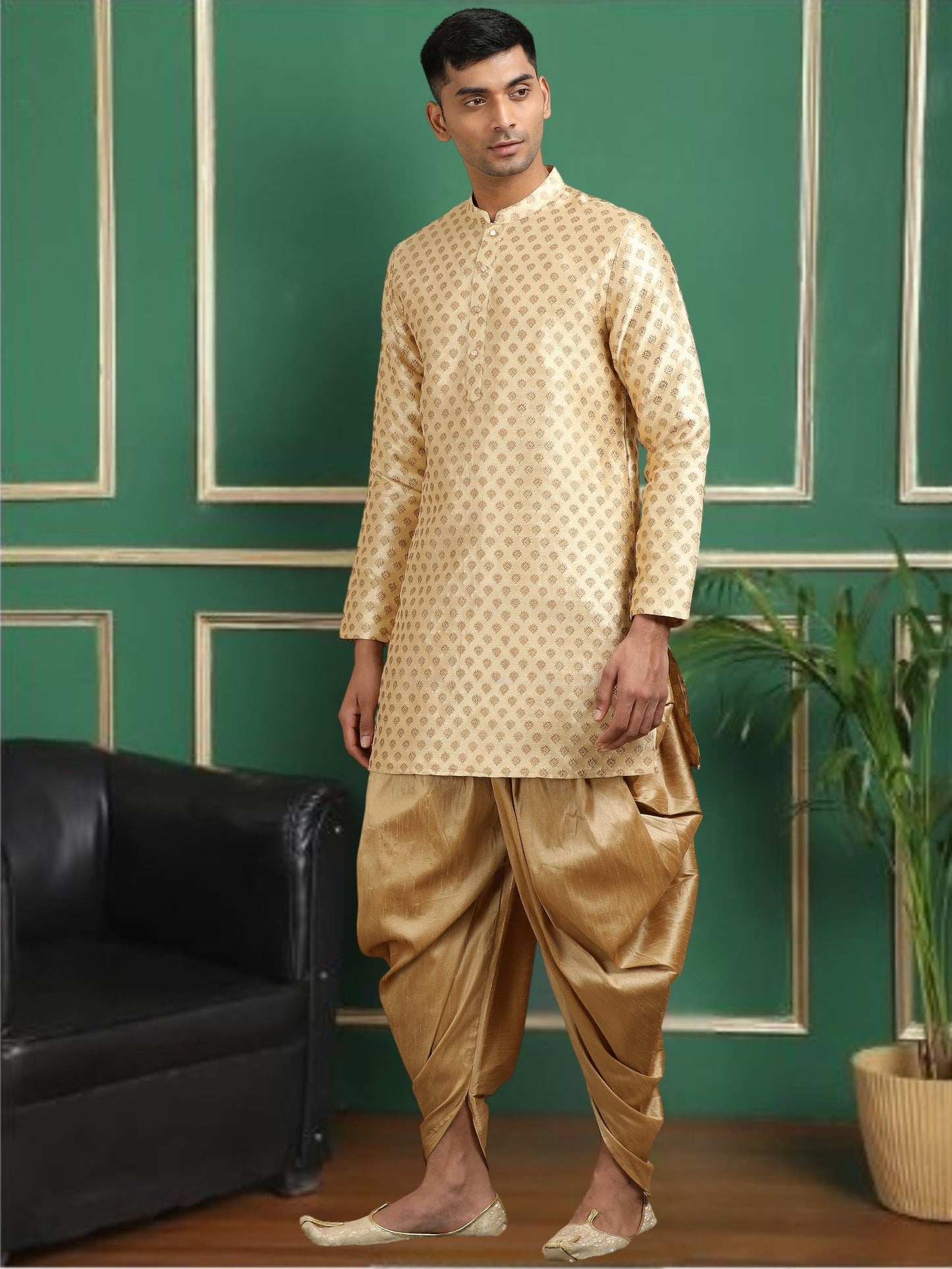 Tattva Beige Toned Jacquard Short Kurta