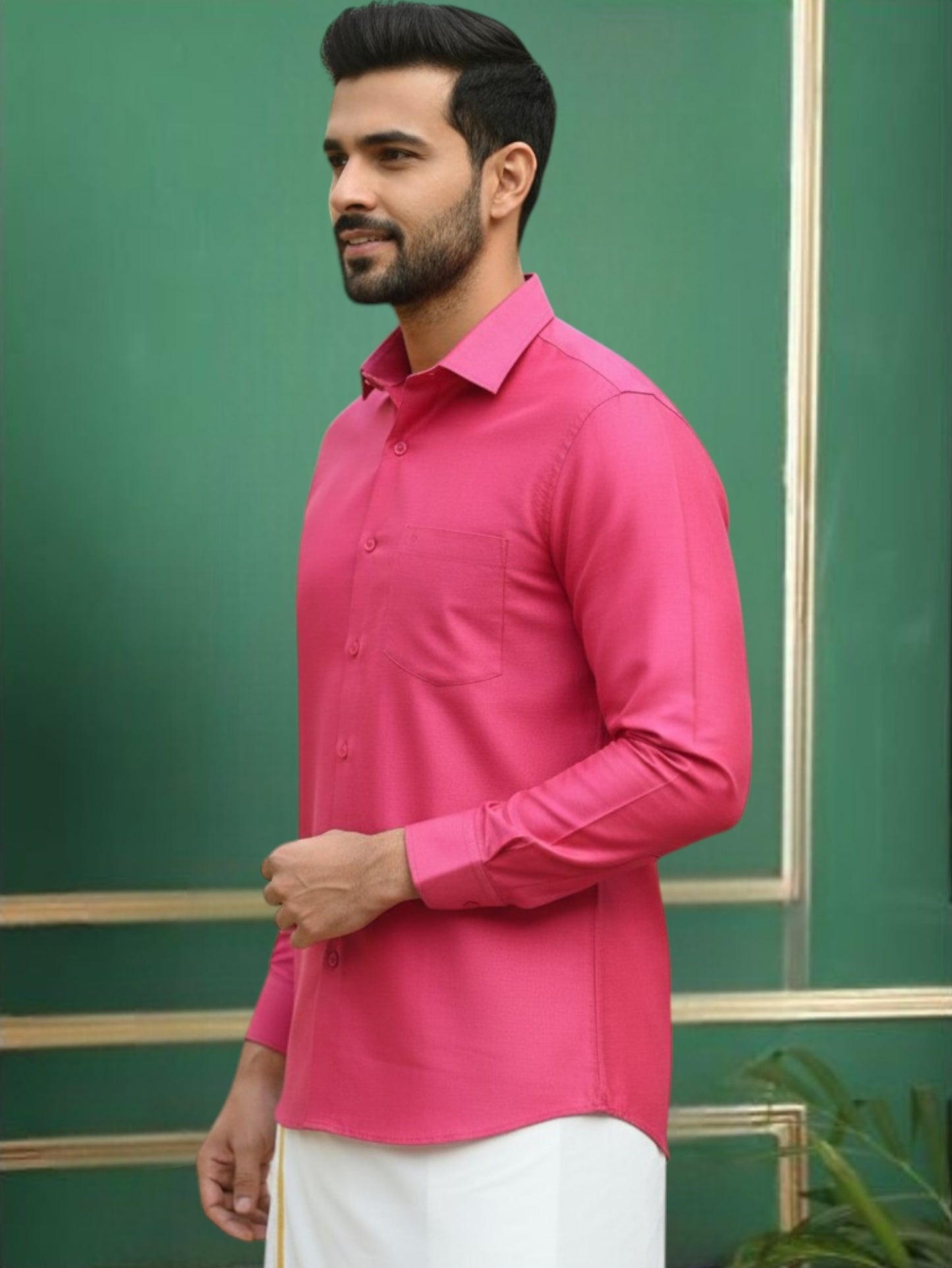 Pink Polyester Slim Fit Solid Party Shirt
