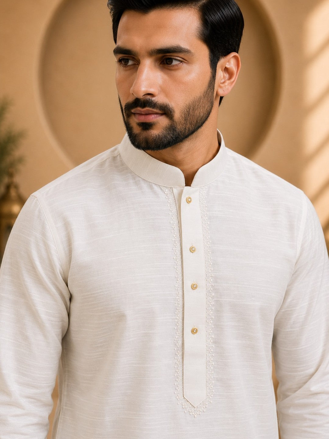 Tattva Men White Colored Embroidered Short Kurta