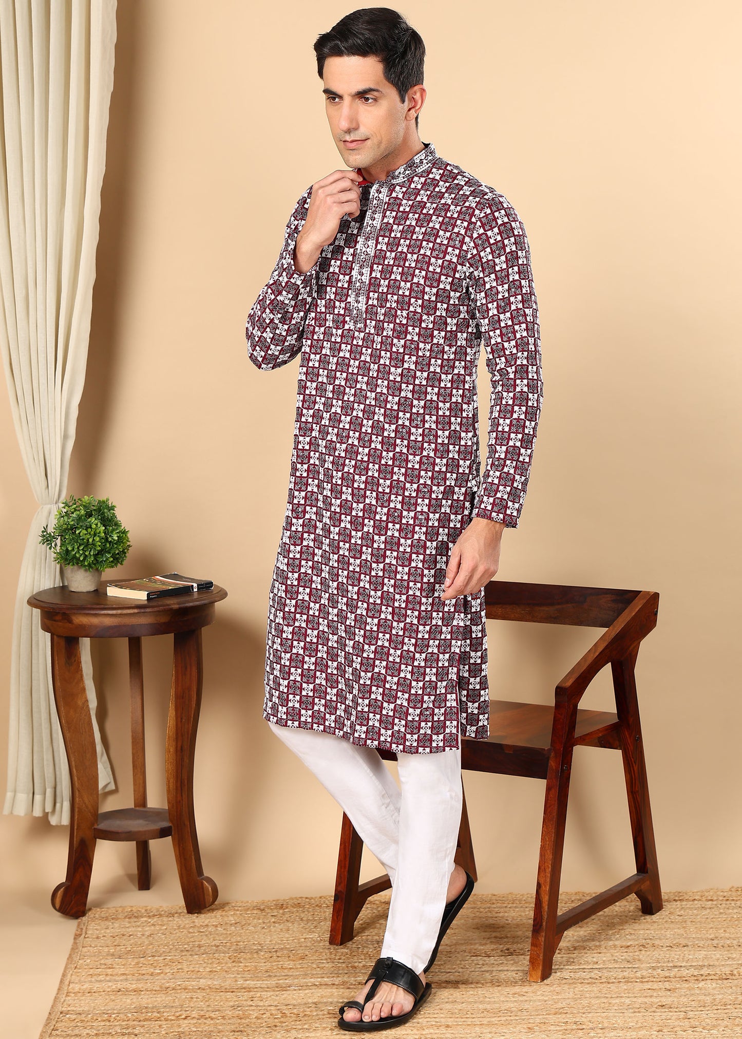 Tattva Men Woven Design Polyester Straight Kurta Set