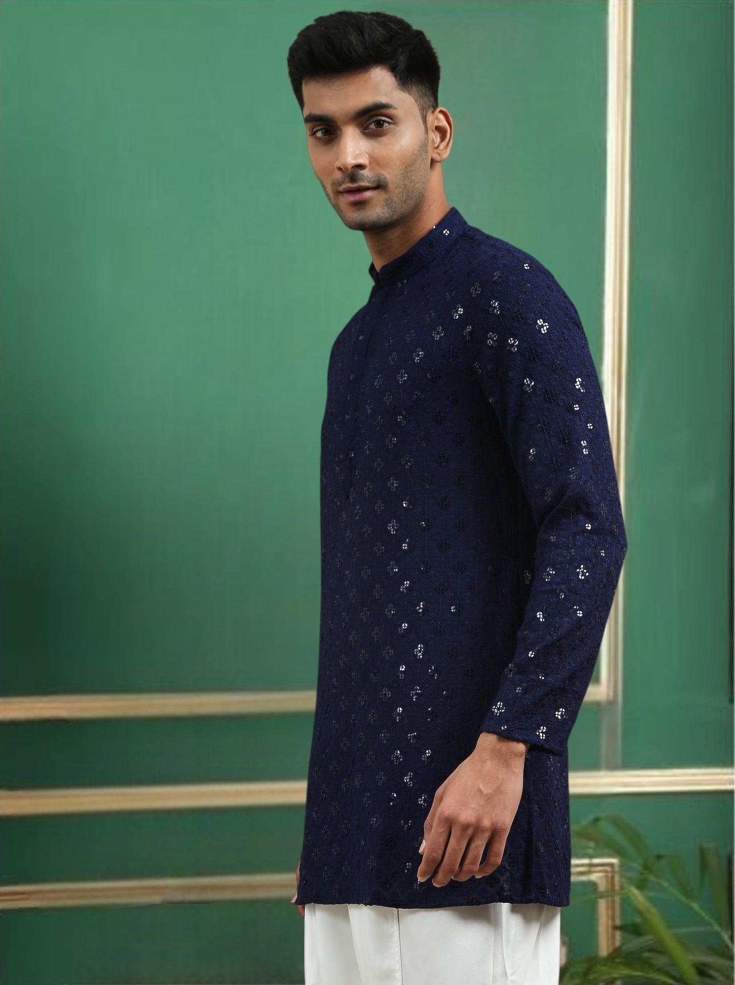 Tattva Navy Blue Toned chikankari Cotton Short Kurta