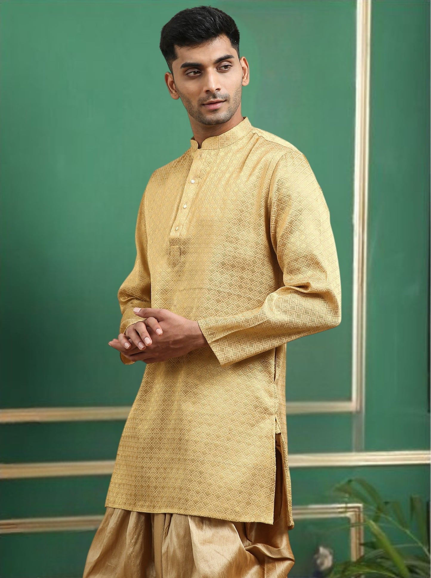 Tattva Gold Toned brocade Polyster Short Kurta