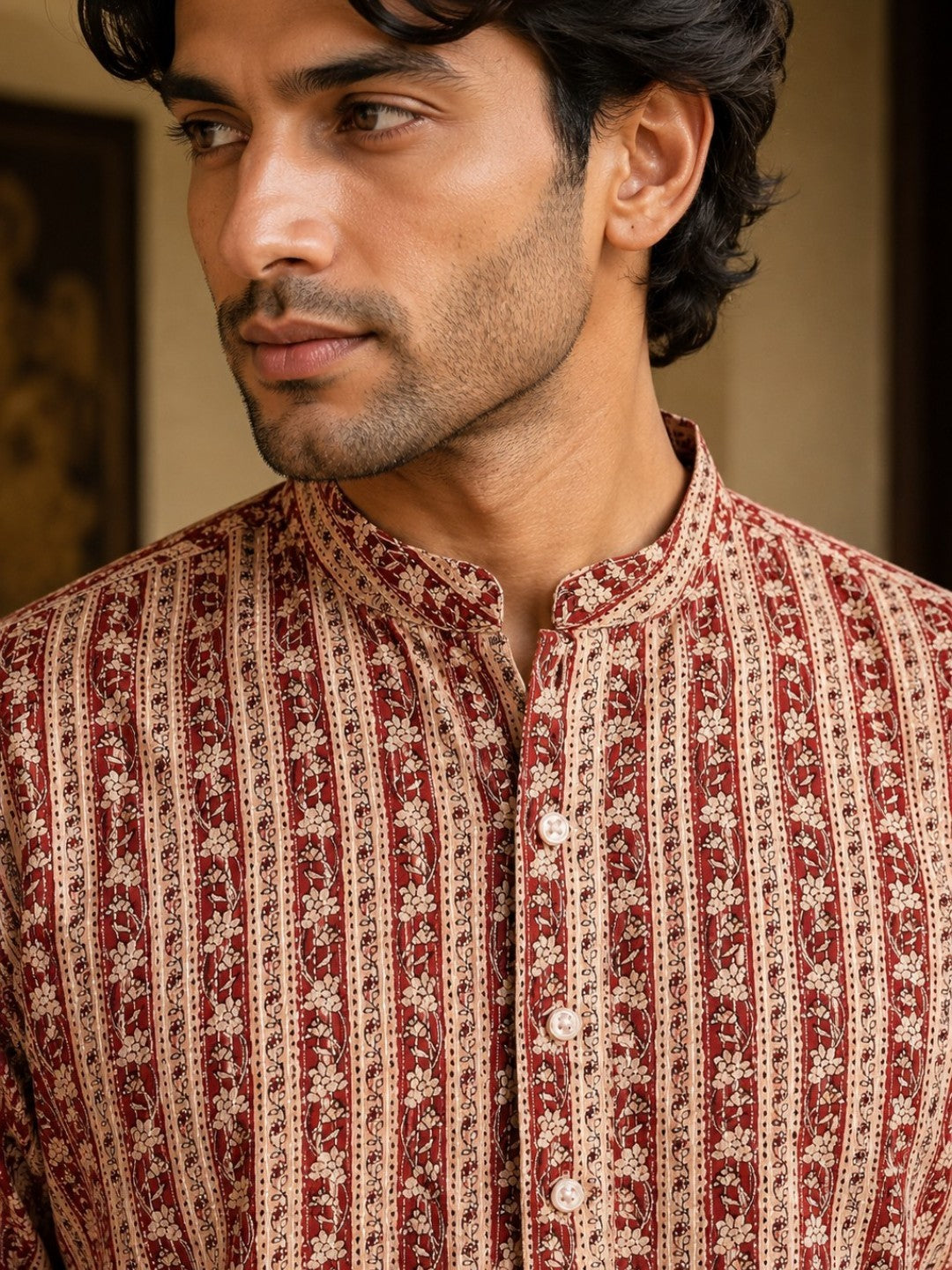 Tattva Men Floral Printed Woven Thread Super Short Kurta