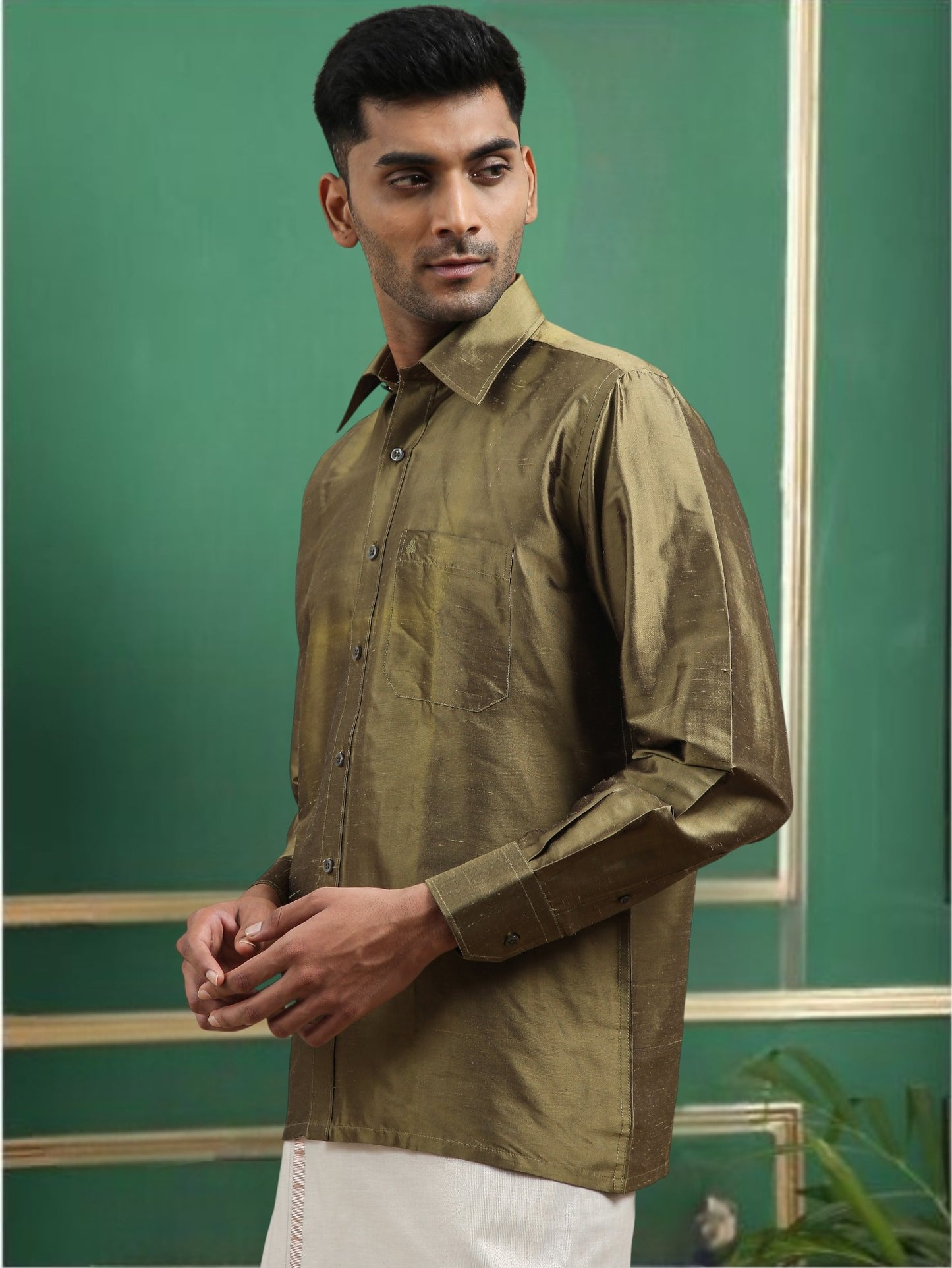 Tattva Men Olive Toned Pure Silk Shirt