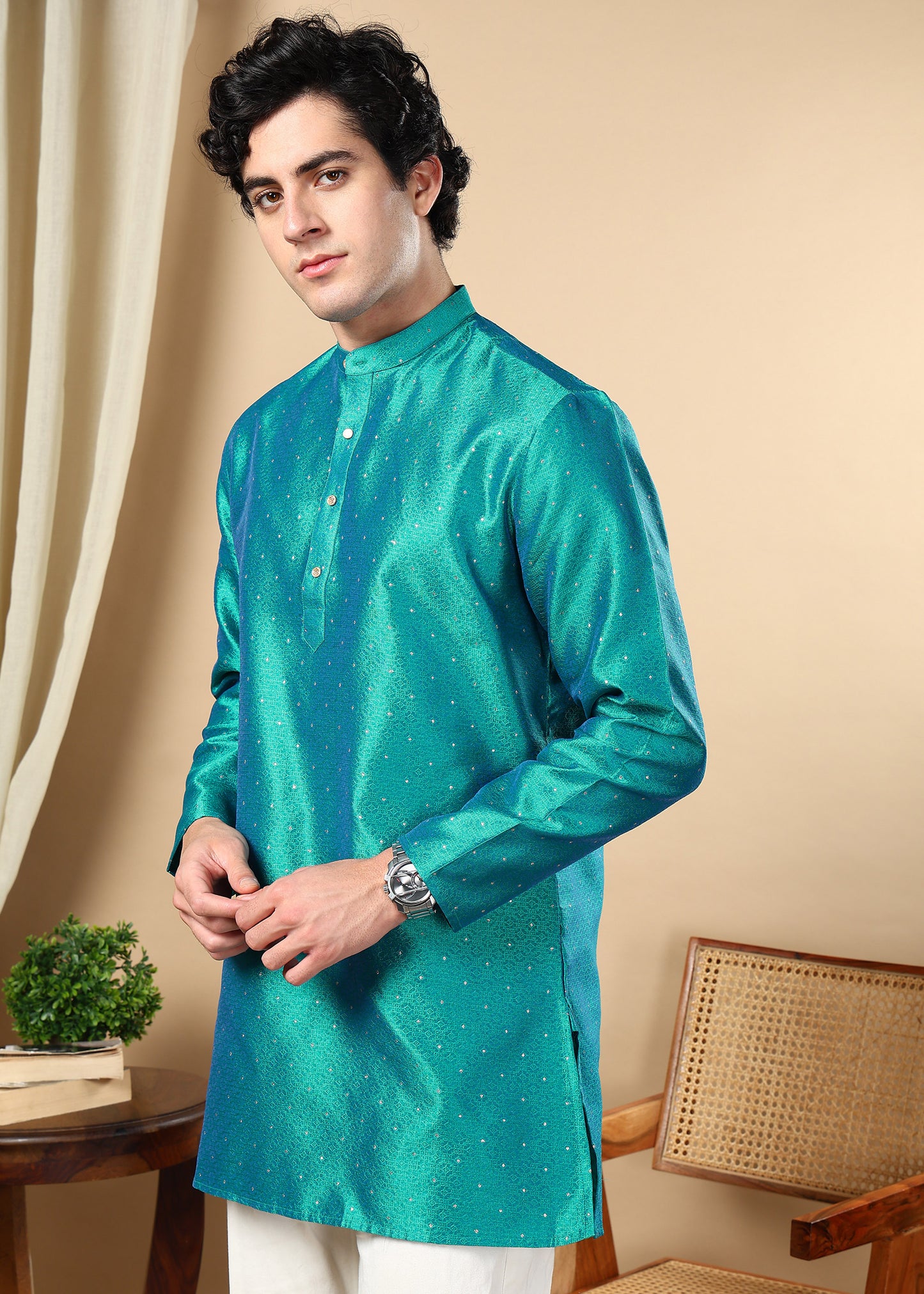 Tattva Peacock Blue Toned Embellished Short Kurta