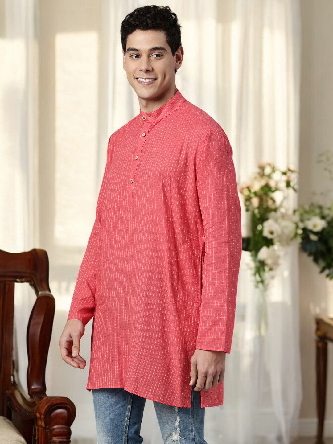 Tattva  Men Chikan Embroidery Cotton Blend Straight Kurta