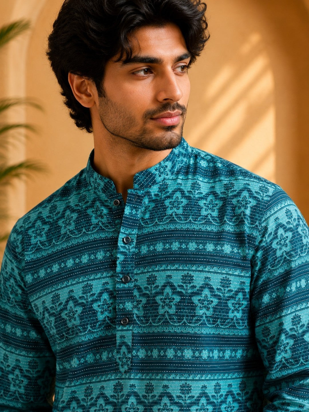 Tattva Men Floral Printed Woven Thread Super Short Kurta