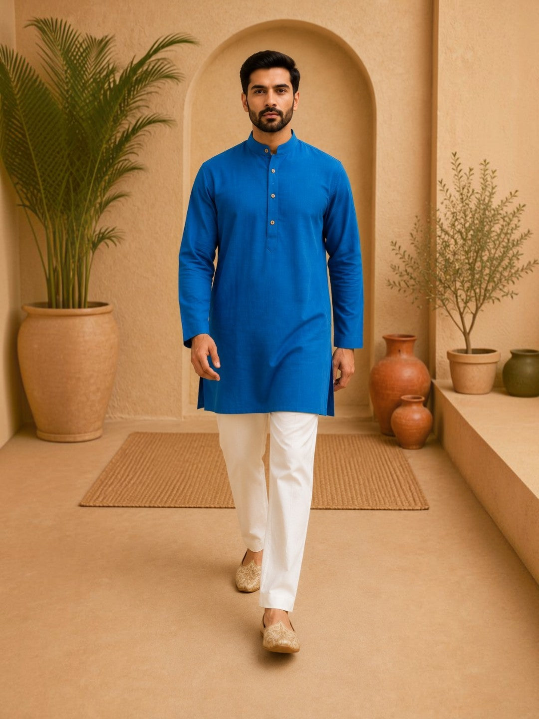 Tattva Men Solid Pure Cotton Short Kurta with Mandarin Collar