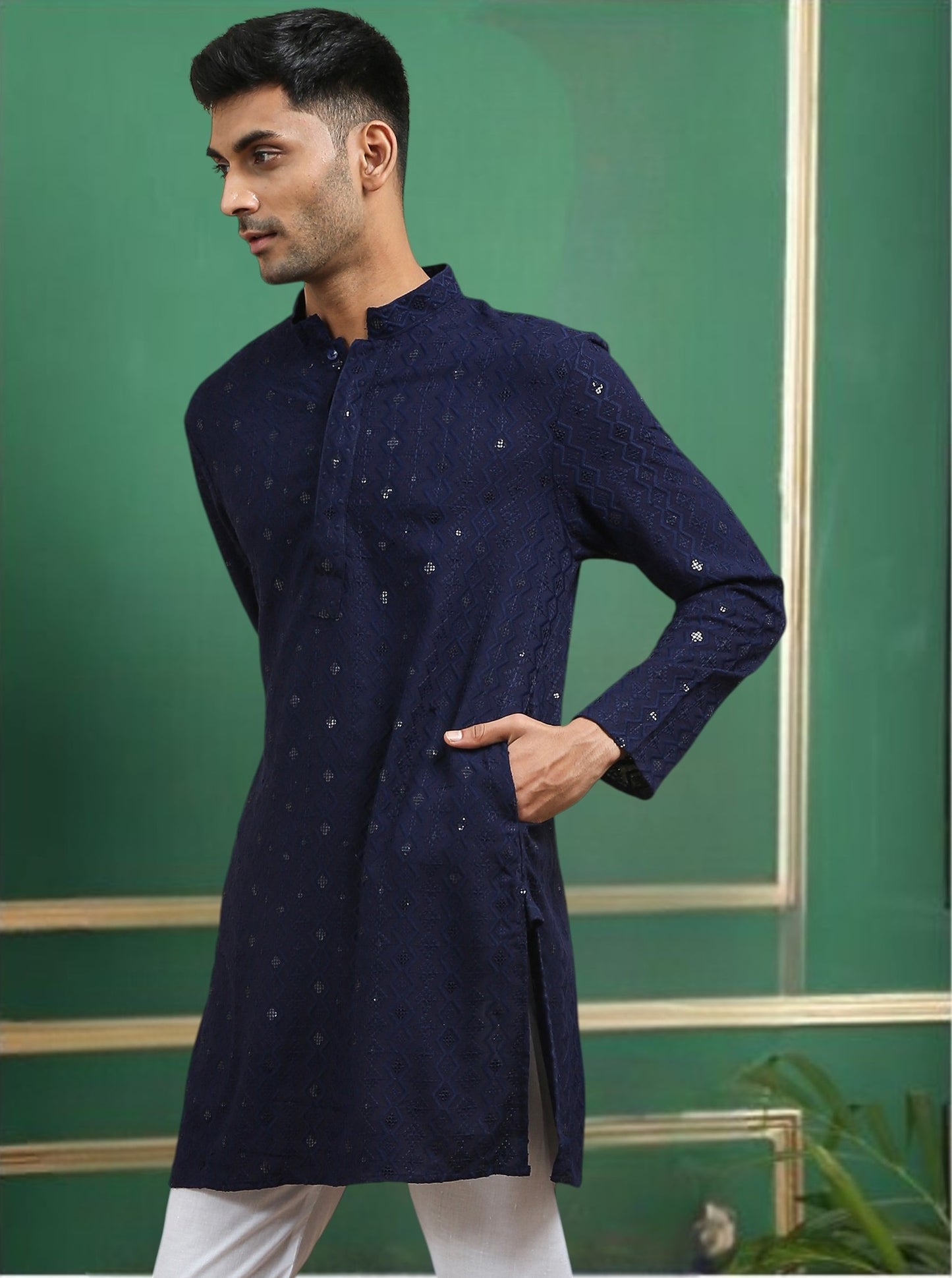 Tattva Navy Blue Toned chikankari Cotton Short Kurta