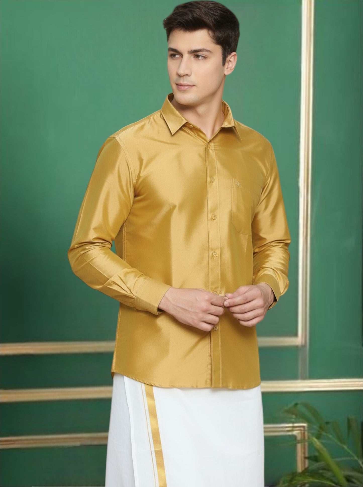 Tattva Men Gold-Toned Slim Fit Solid Casual Shirt