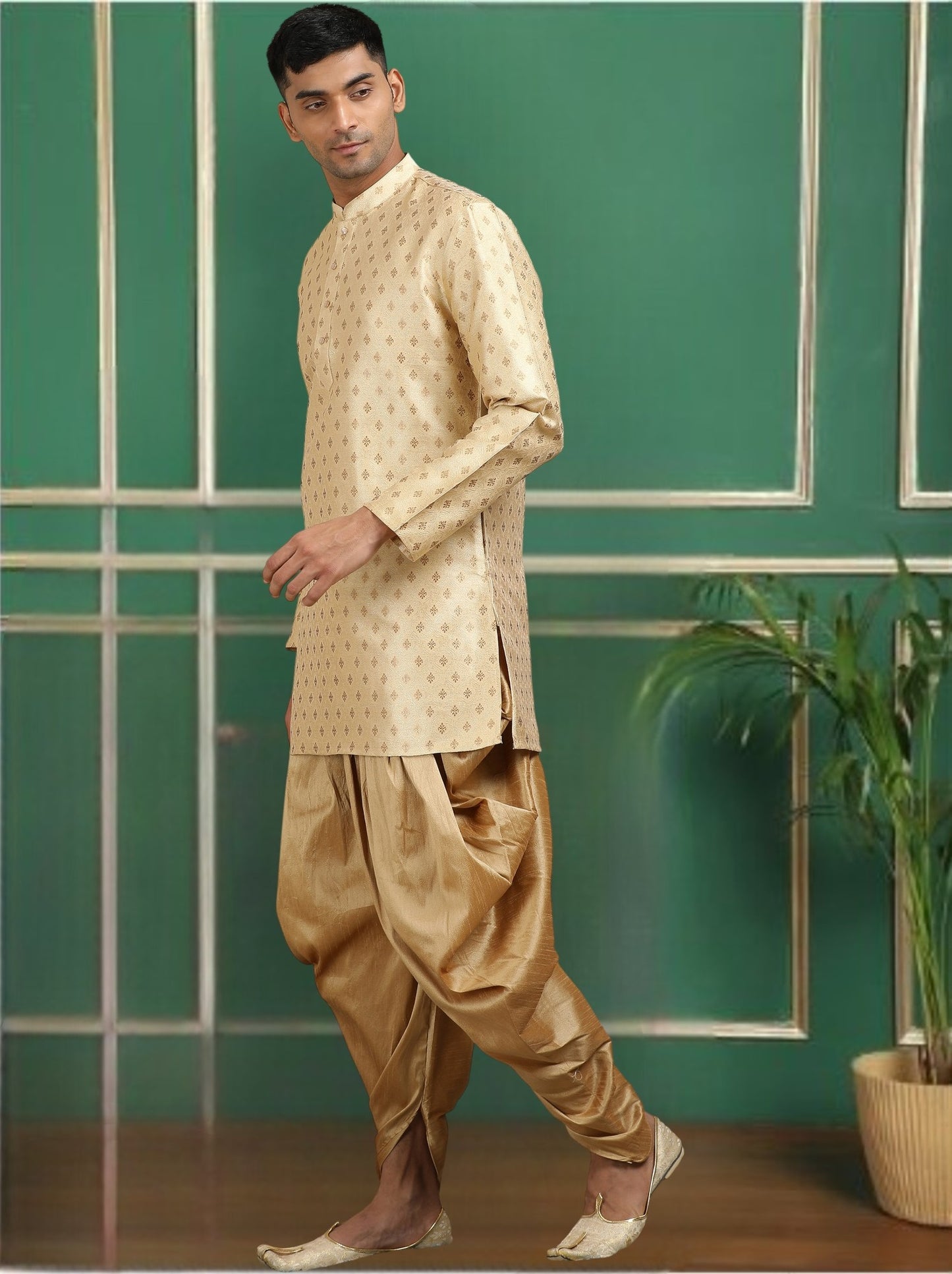 Tattva Beige Toned Jacquard Short Kurta