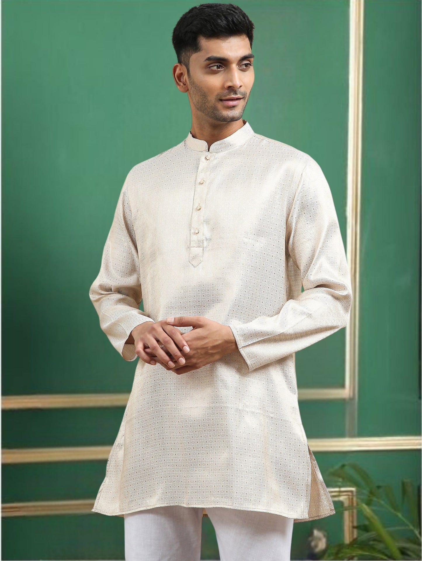 Tattva Cream Toned brocade Polyster Short Kurta