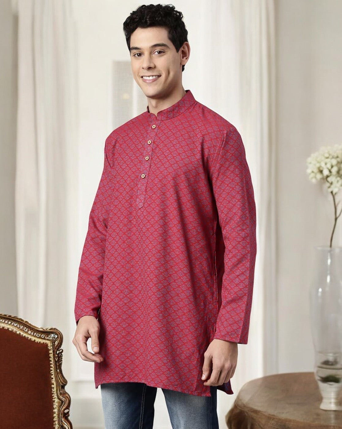 Tattva Men Red Geometric Print Cotton Blend Straight Kurta