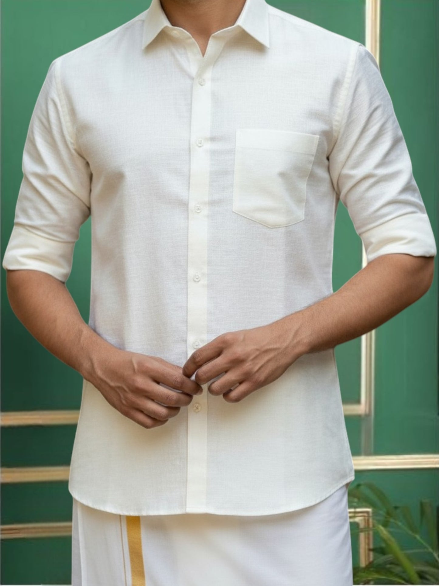 Cream Color Art Silk Slim Fit Solid Party Shirt