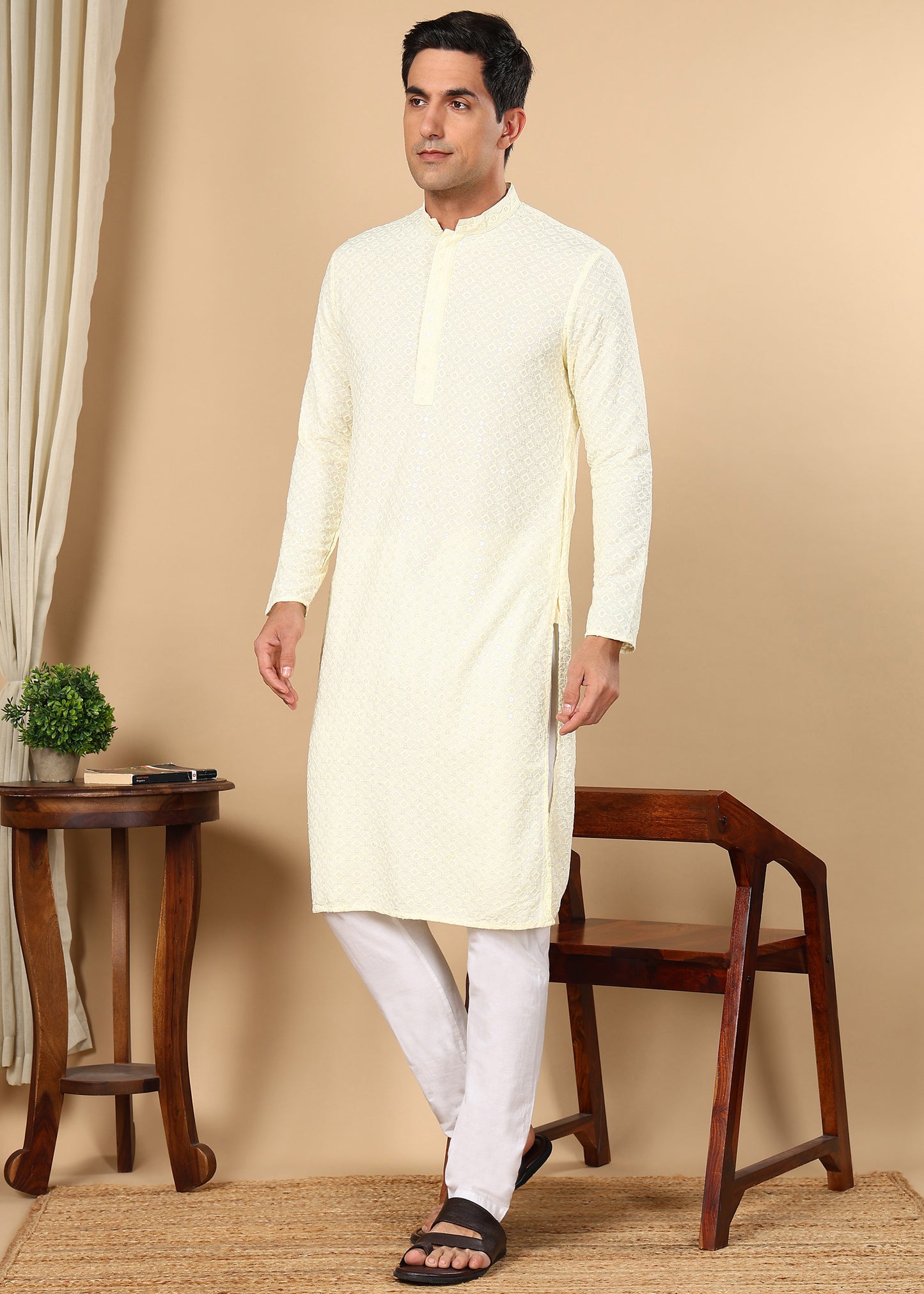 Tattva Men Woven Design Polyester Straight Kurta Set