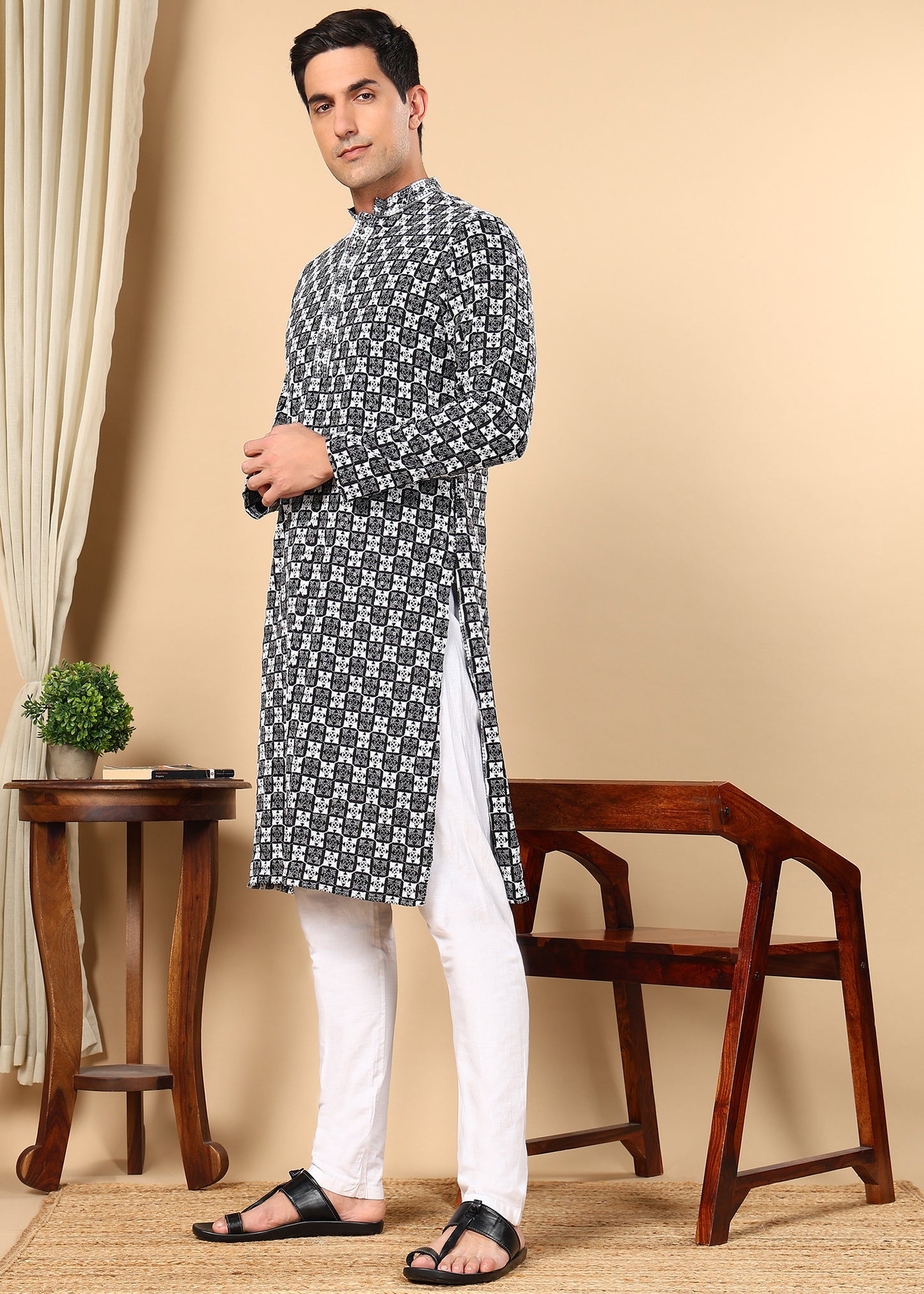 Tattva Men Woven Design Polyester Straight Kurta Set